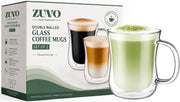 Zuvo Double Walled Glass Mugs Set of 2 Insulated Coffee Cups for Hot and Cold Drinks