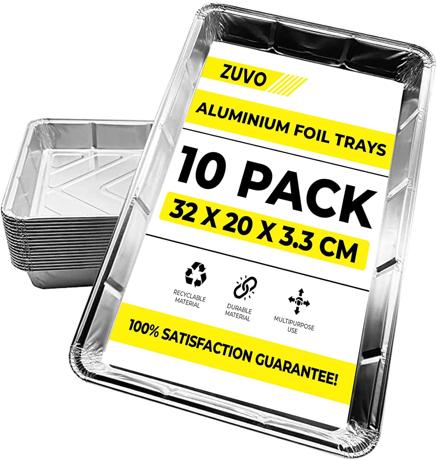 Zuvo Aluminium Foil Baking Trays - (10 Pack) - 32cm x 20cm x 3.3cm - Foil Trays for Cooking, Freezing, Serving and Storing Tray - Oven Baking Trays