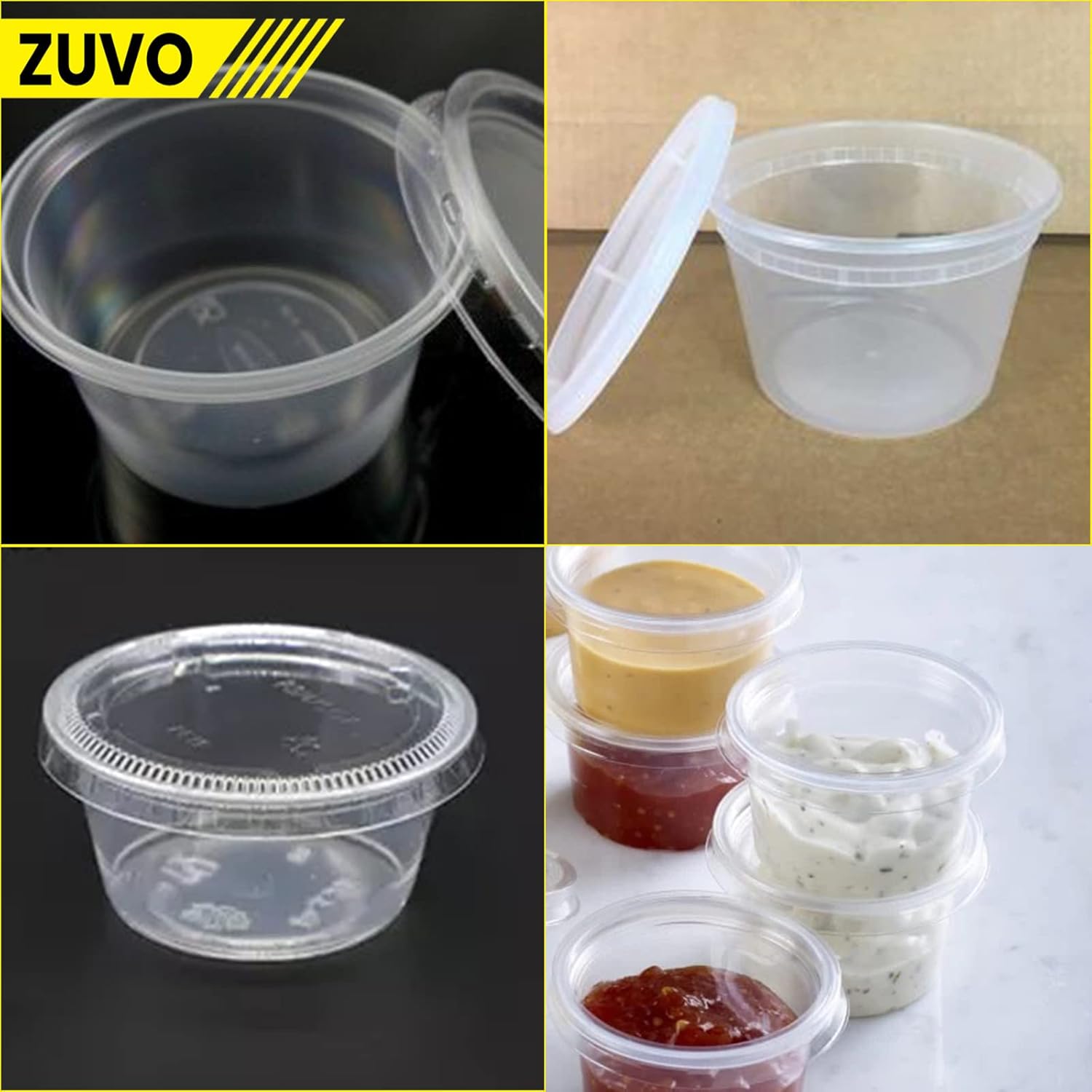 Zuvo Plastic Sauce Containers with Lids - 04 OZ (50 Pack) - Perfect Round Plastic Food Storage Containers for Sauce - Reusable, Leakproof Tubs, BPA Free, 12 x 14 cm