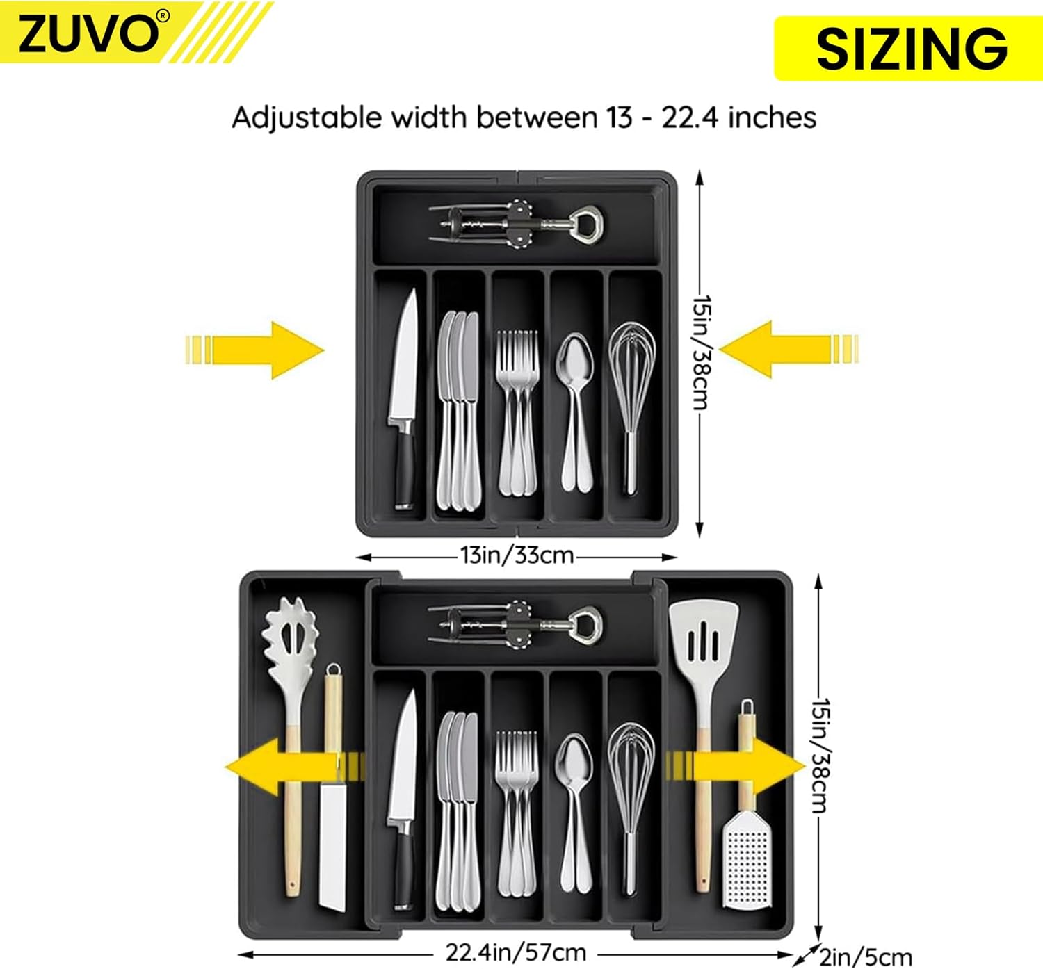 Zuvo Expandable Large Plastic Cutlery Drawer Organiser - Black Cutlery Tray for Kitchen Utensils Set - Perfect for Plastic Storage Drawers, Large Cutlery Drawer Organiser