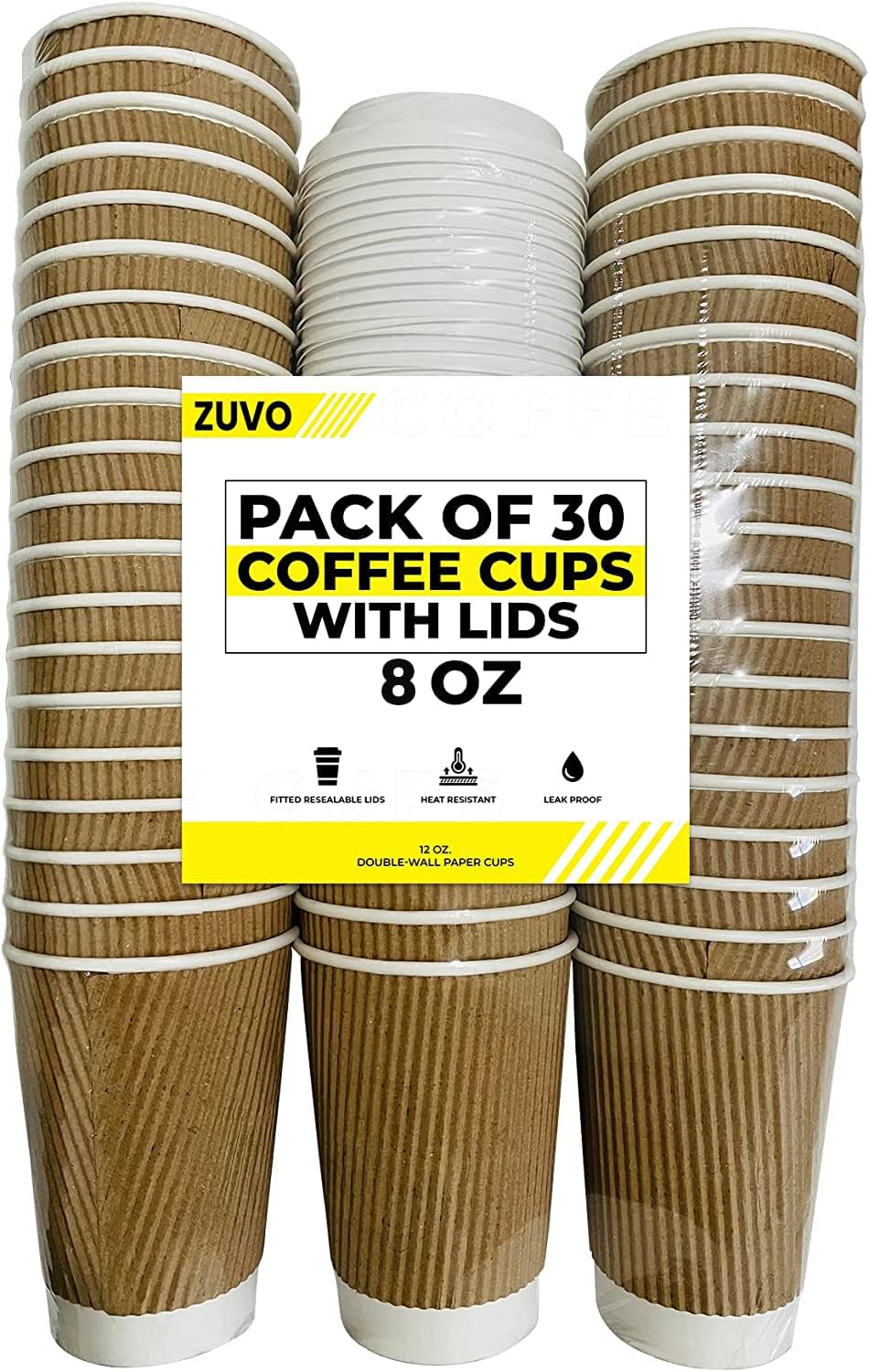 Zuvo Ripple Coffee Cups 8oz 30-Pack with Lids, Brown