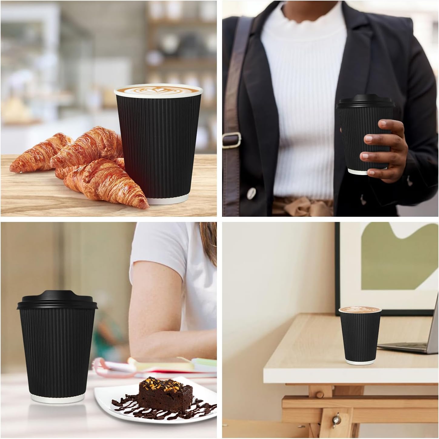 Zuvo [50 Pack Takeaway Coffee Cups with Lids | Disposable Insulated Triple Wall Ripple Kraft Paper Coffee Cups for Takeaway Coffee, Tea or hot Liquids | Pack of 50, Black