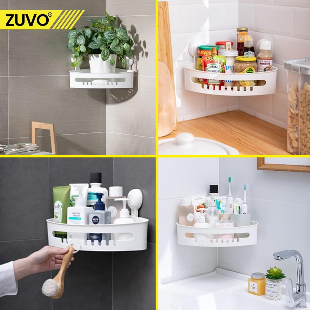 Zuvo No-Drill Shower Caddy – Suction Cup Bathroom Shelf, White