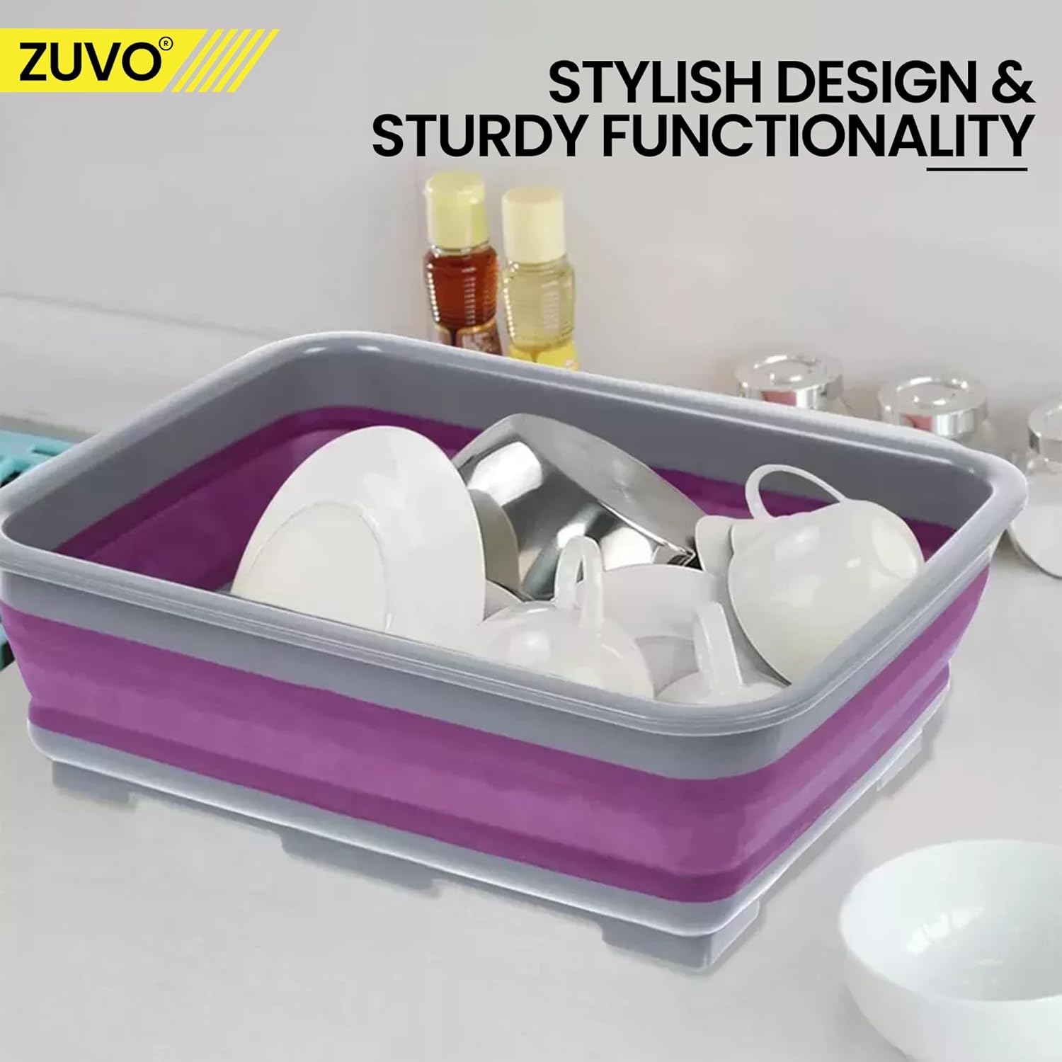 Zuvo Collapsible Washing Up Bowl 10L Foldable Sink Basin Purple Grey