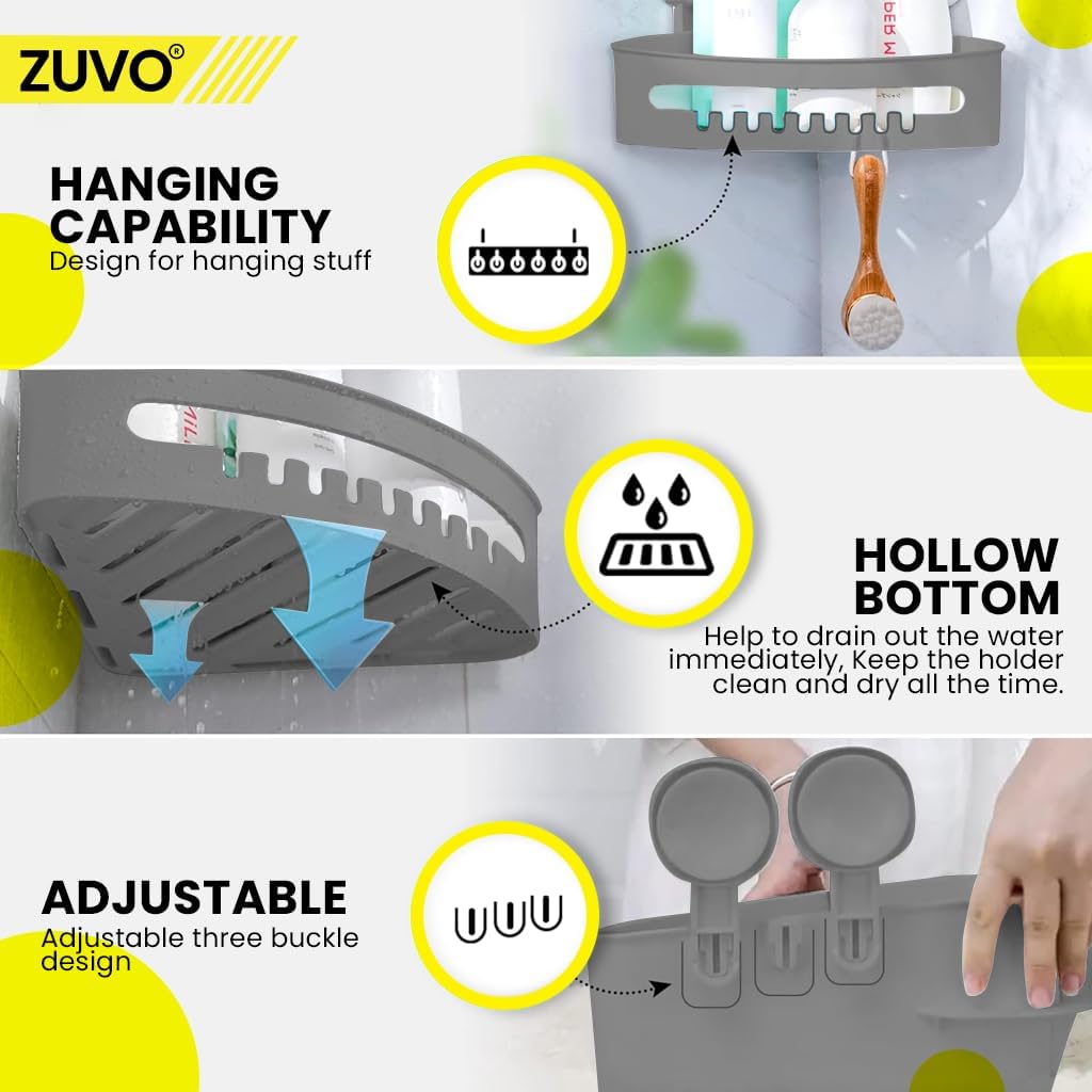 Zuvo No-Drill Shower Caddy – Suction Cup Bathroom Shelf, Grey