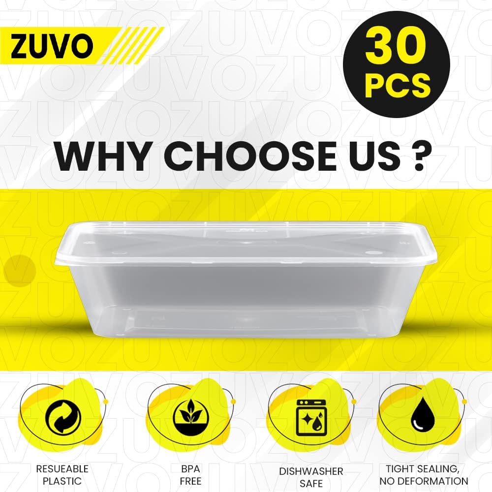 Zuvo Plastic Food Containers 30 Pack 750ml Microwave & Freezer Safe with Lids