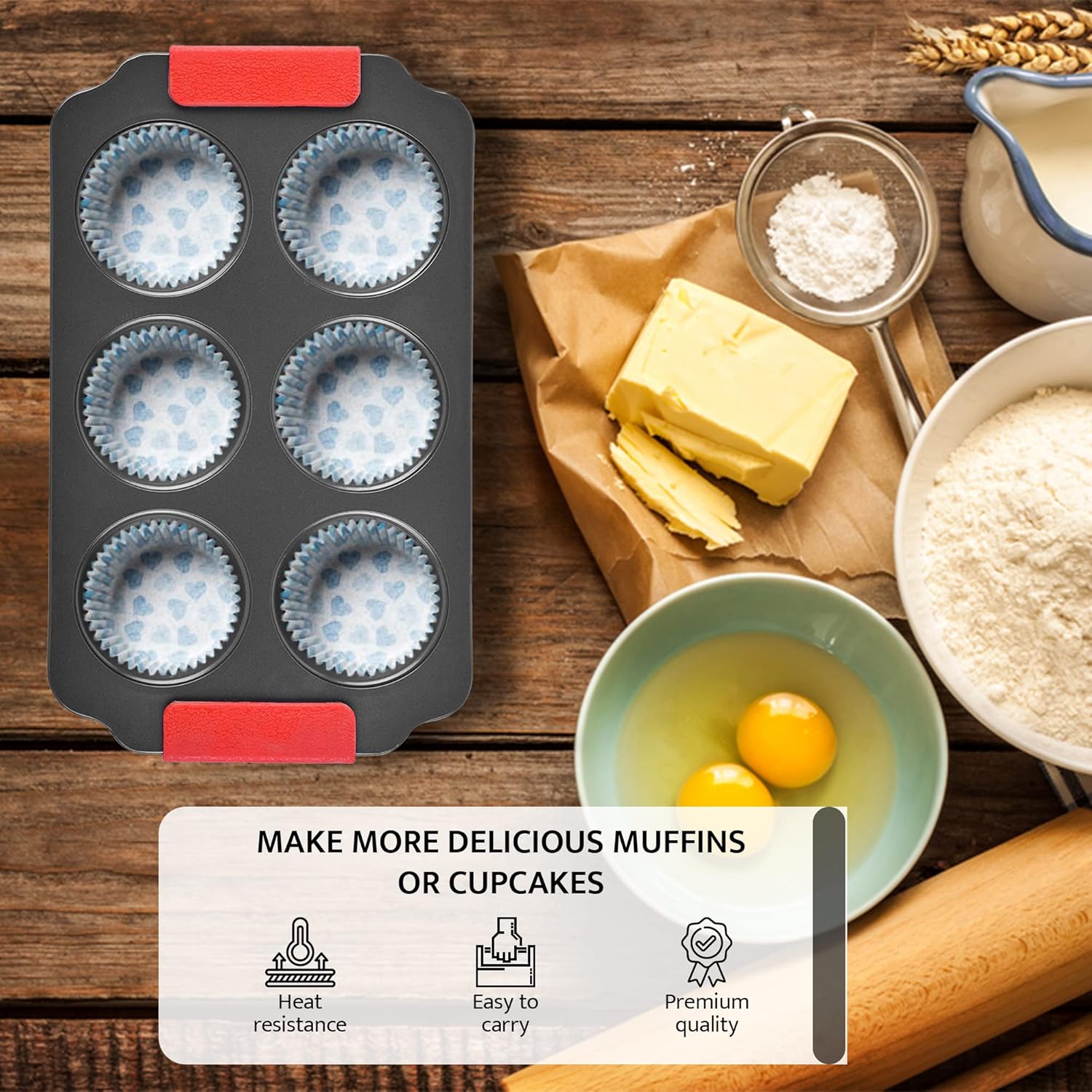 Zuvo Non-Stick 6 Cup Muffin Tray Silicone Handles Dishwasher Safe Bakeware