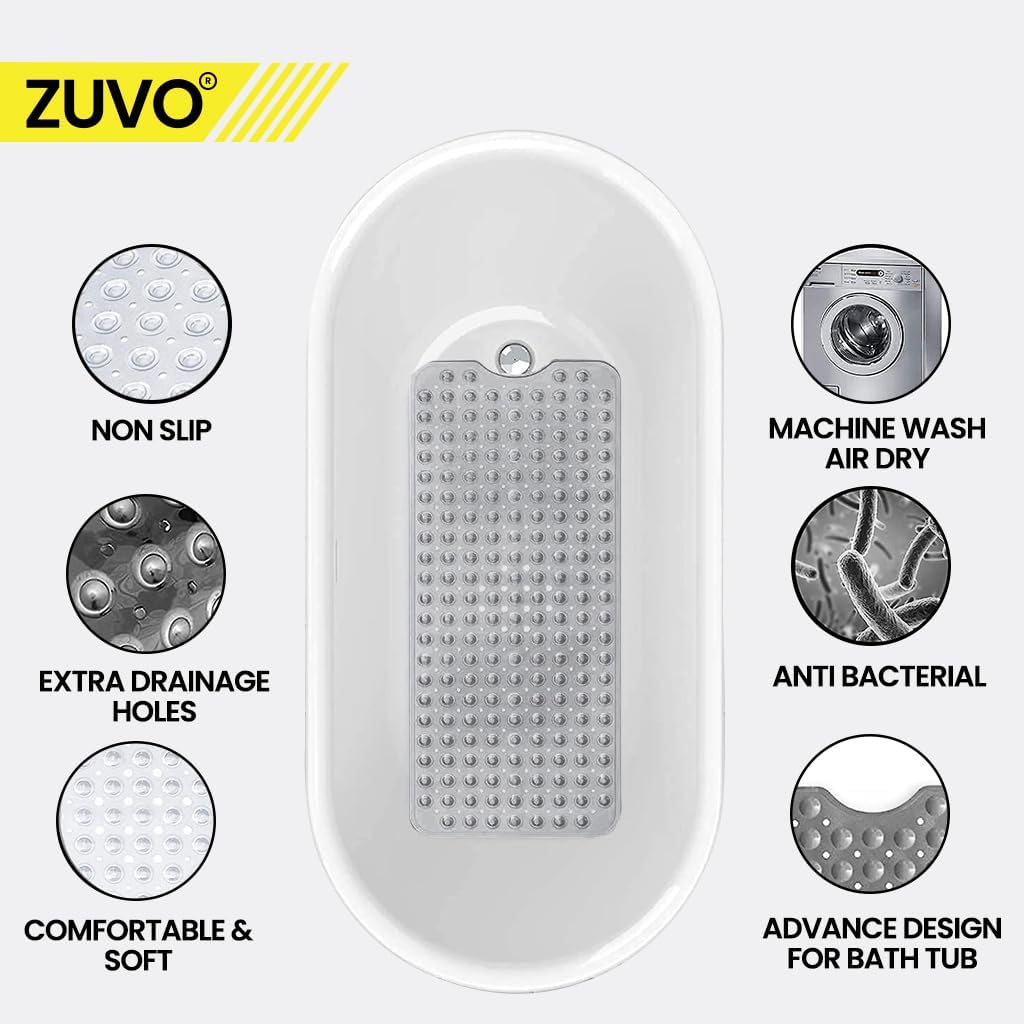 Zuvo Extra Long Non-Slip Bath Mat 100x40cm, Grey
