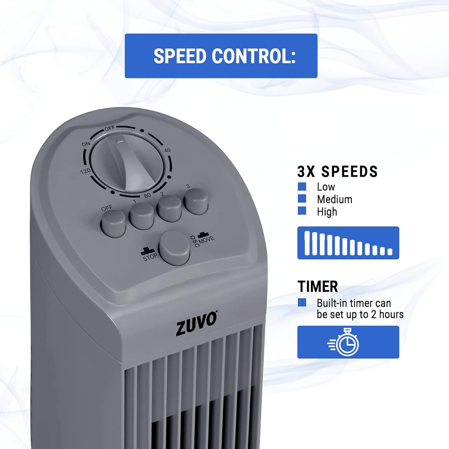 Zuvo 30in Oscillating Tower Fan 3 Speed with Timer Quiet Grey