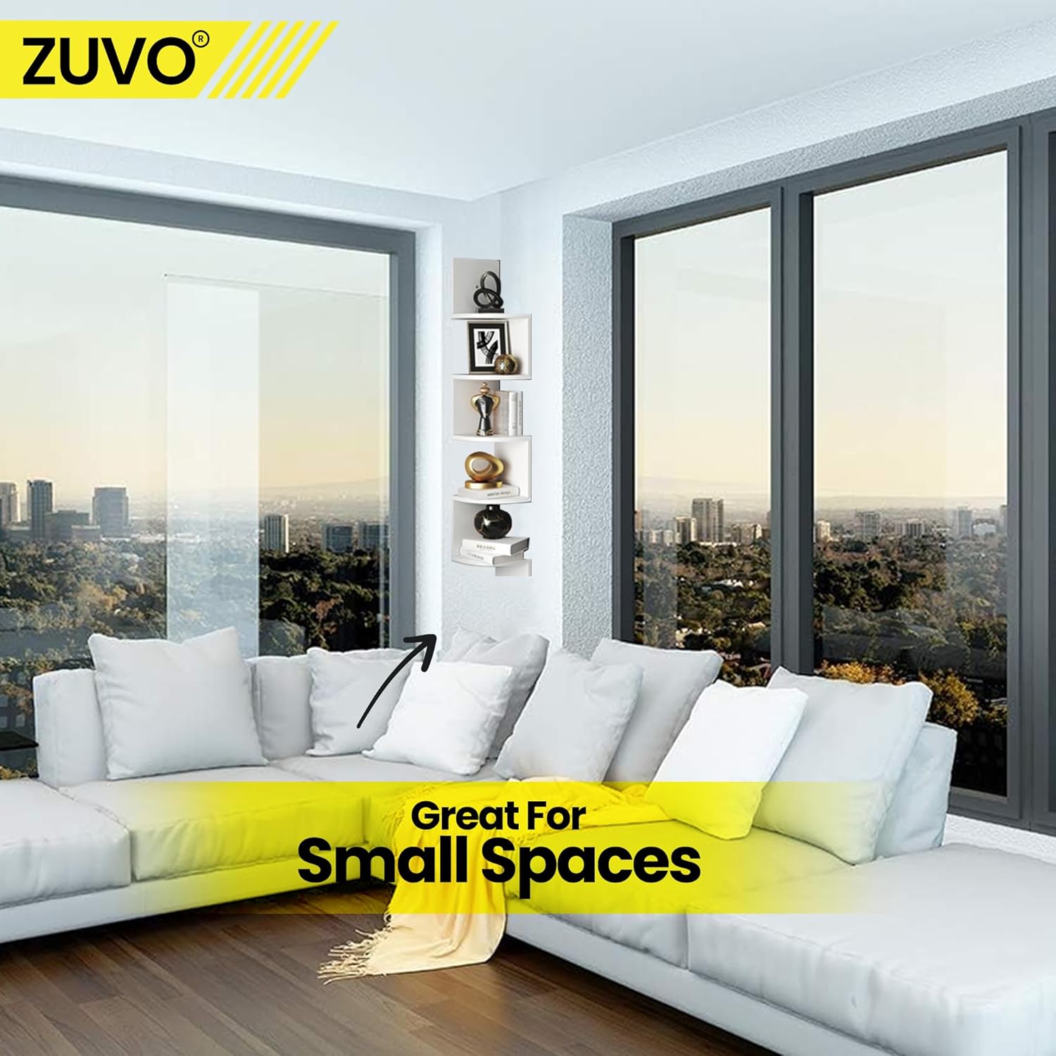 Zuvo Floating Corner Shelves 5 Tier White Zigzag Wall Mounted Bookshelf