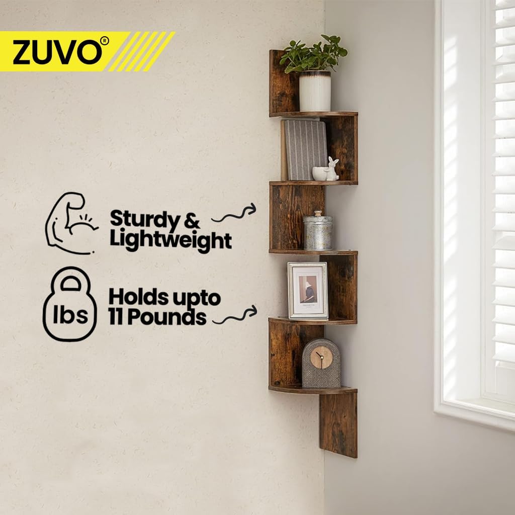 Zuvo Floating Corner Shelves 5 Tier Brown Zigzag Wall Mounted Bookshelf