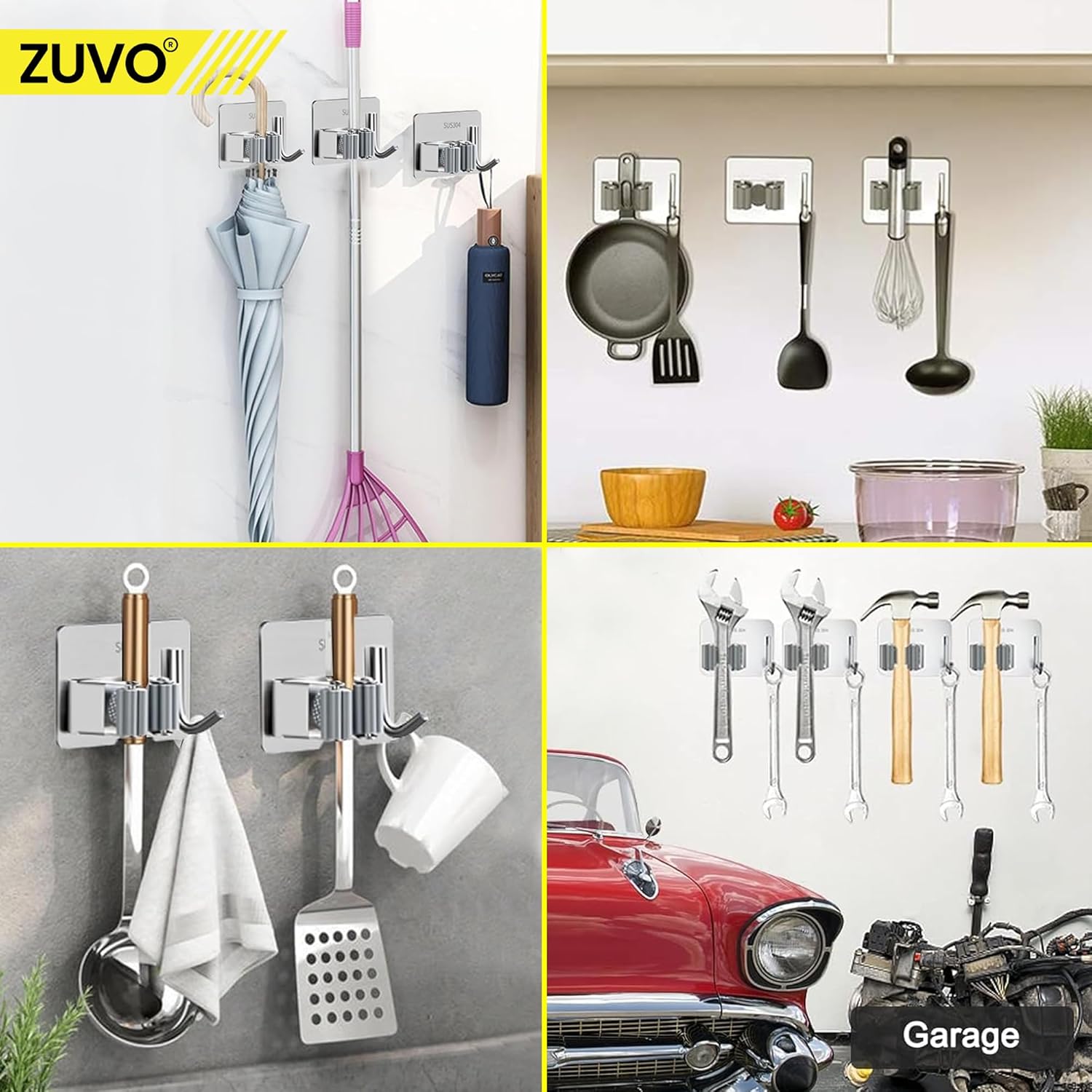 Zuvo Broom Holder Wall Mounted 4 Pack Stainless Steel Mop Organiser