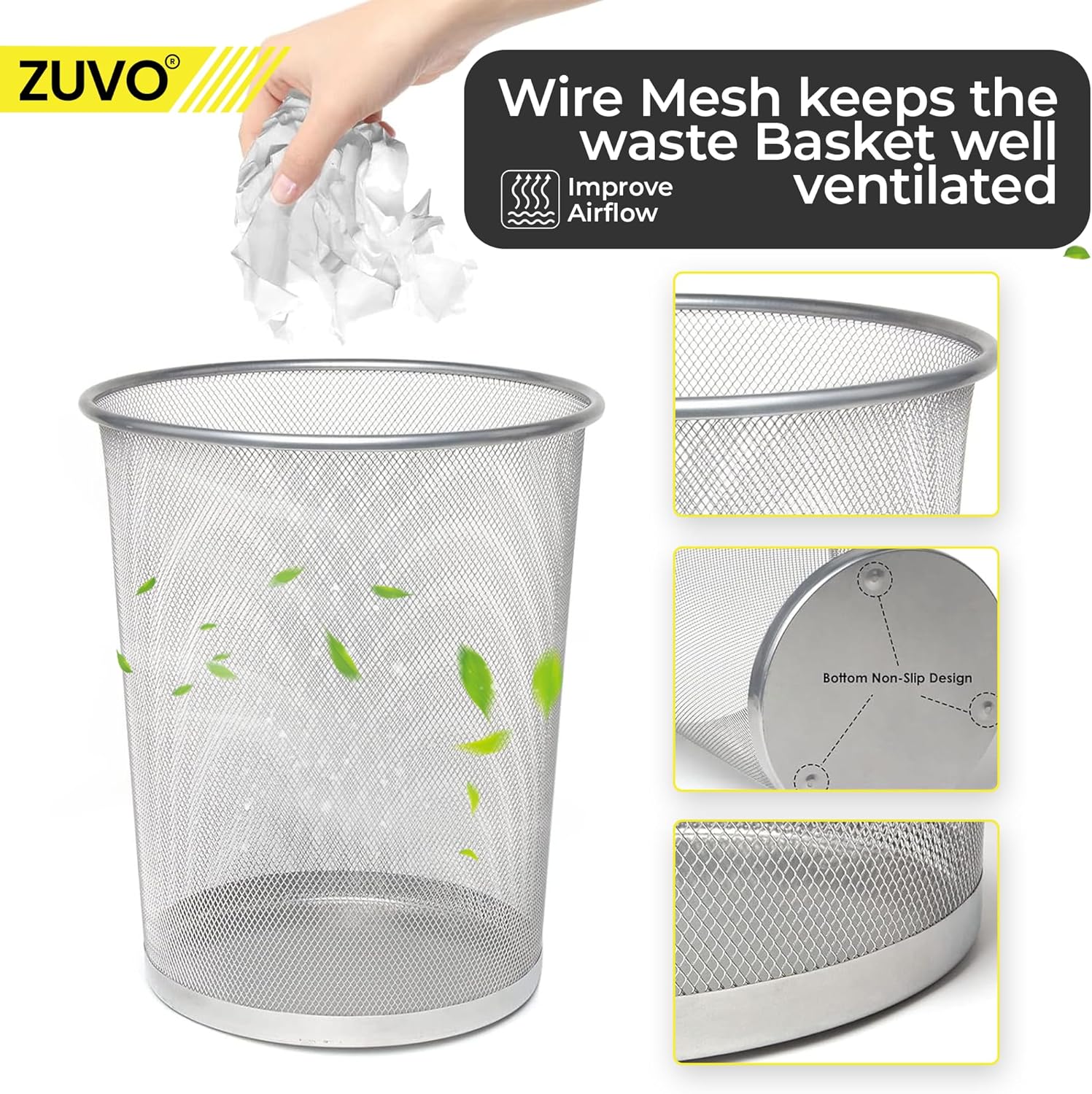 Zuvo Circular Mesh Waste Paper Bin 27x24cm, Silver Metal
