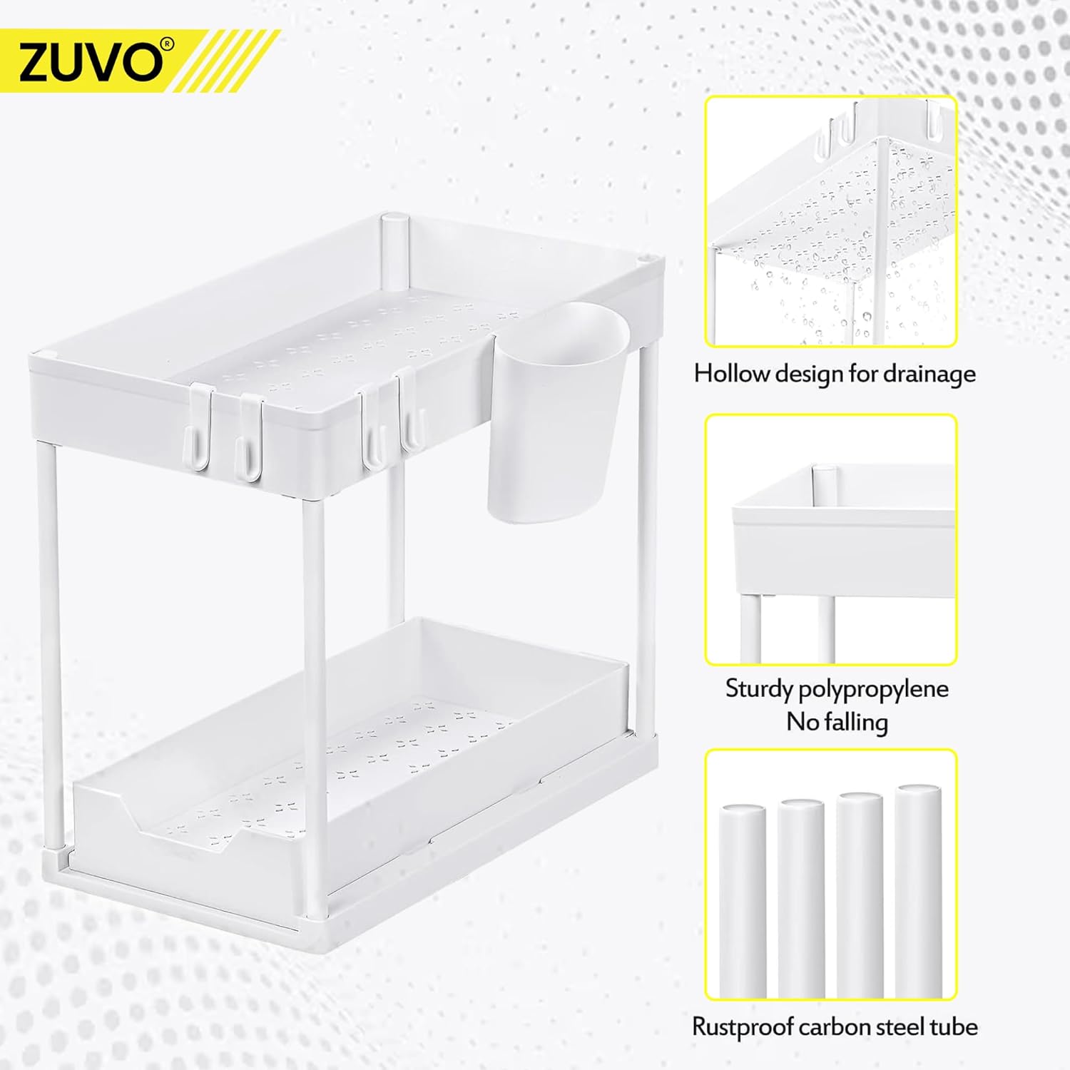 Zuvo Under Sink Storage Rack Heavy Duty White Organiser for Kitchen