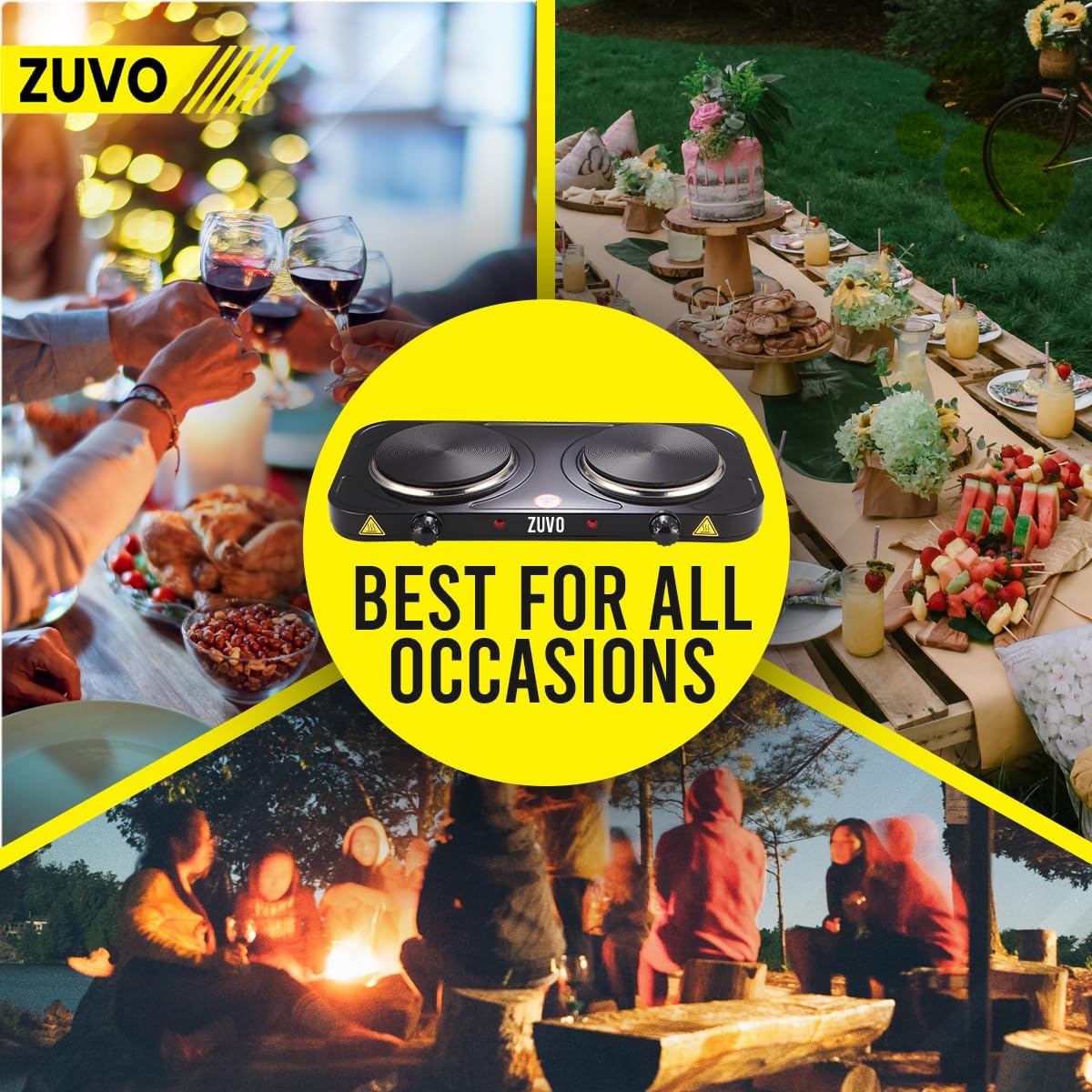 Zuvo 2000W Double Hot Plate Portable Black Cast Iron Hob with Thermostat