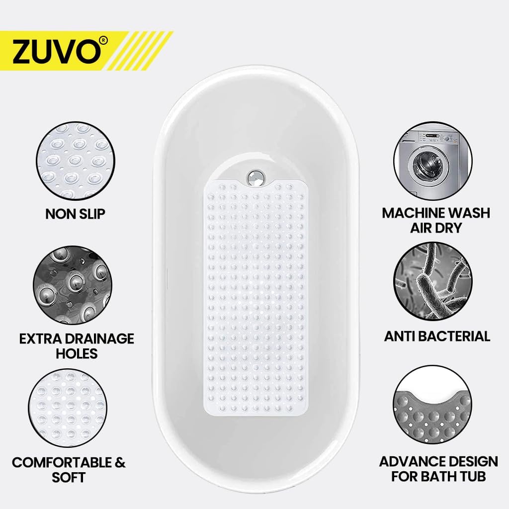 Zuvo Extra Long Non-Slip Bath Mat 100x40cm – Clear, Anti-Mould