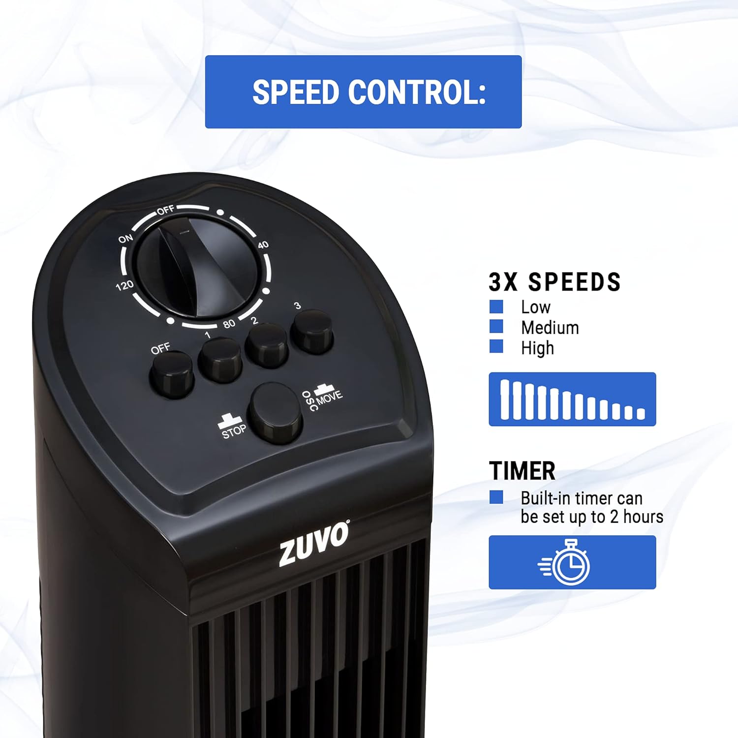 Zuvo 30in Oscillating Tower Fan 3 Speed with Timer Quiet Black