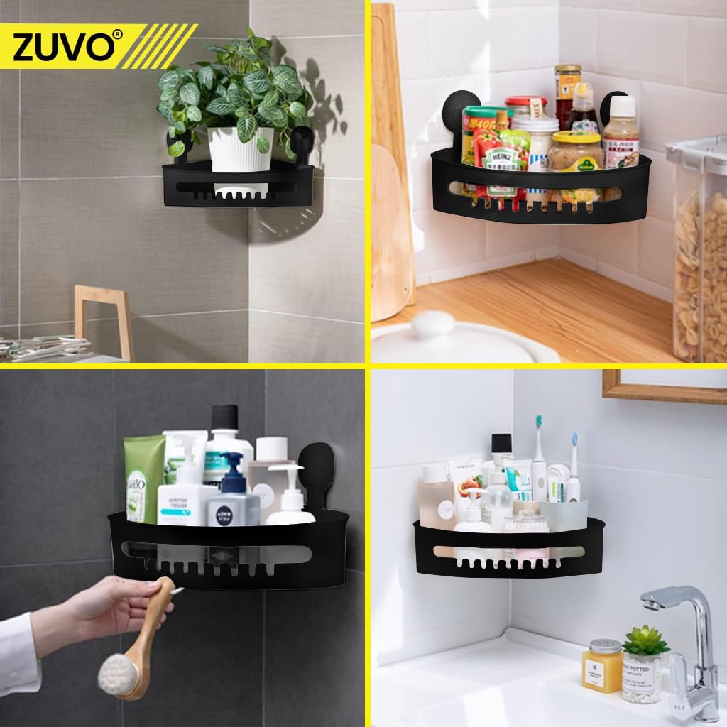 Zuvo No-Drill Shower Caddy Suction Cup Bathroom Shelf, Black