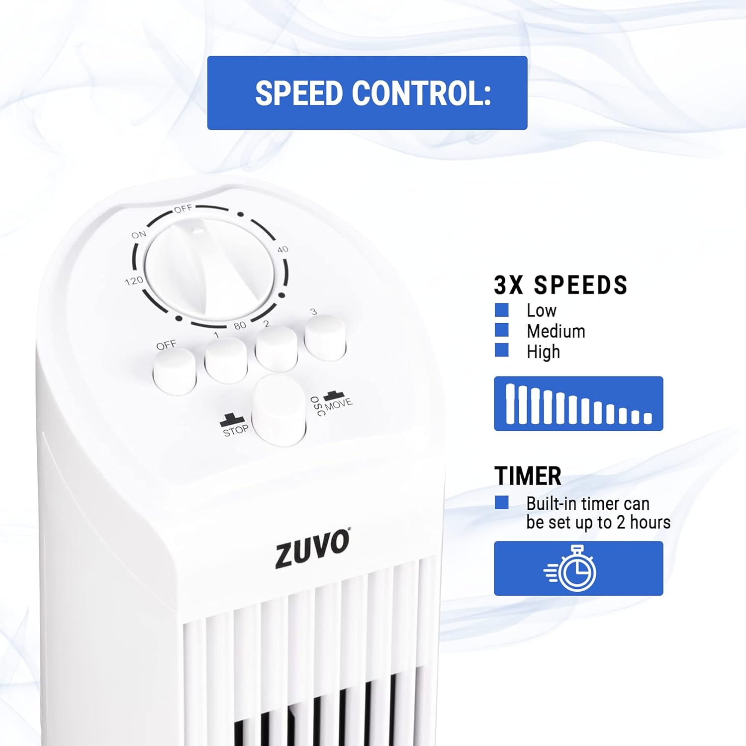 Zuvo 30in Oscillating Tower Fan 3 Speed with Timer Quiet White