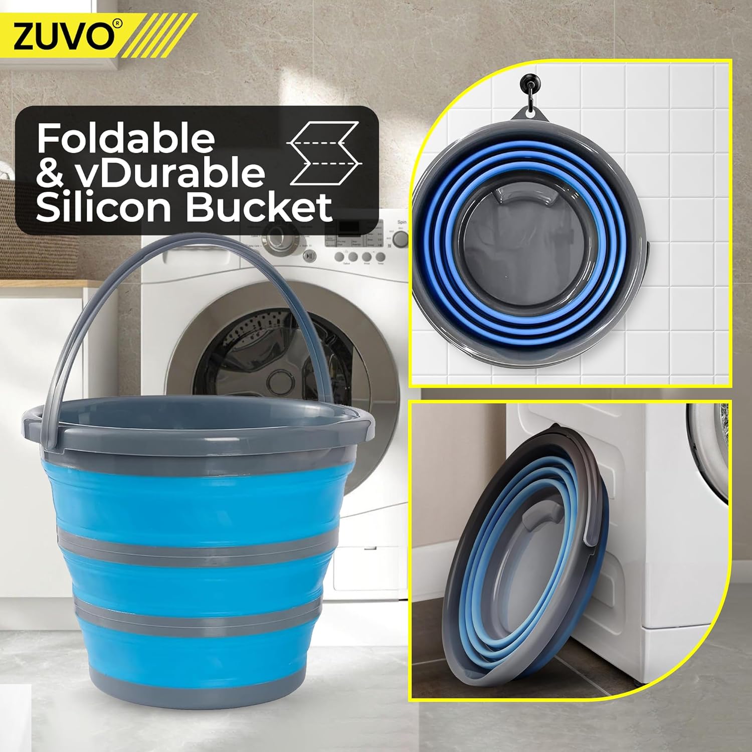 Zuvo Collapsible Bucket 10L Silicone Folding Mop Bucket Blue Grey