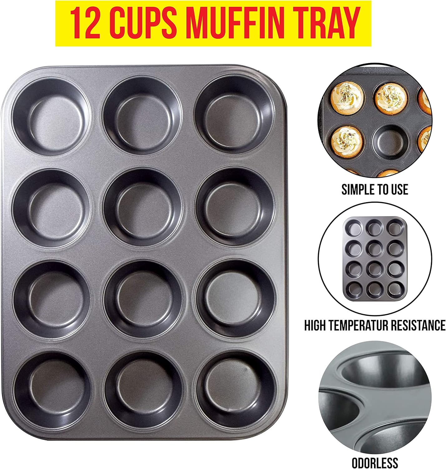 Zuvo Non Stick 12 Cup Muffin Tray Black BPA Free Dishwasher Safe