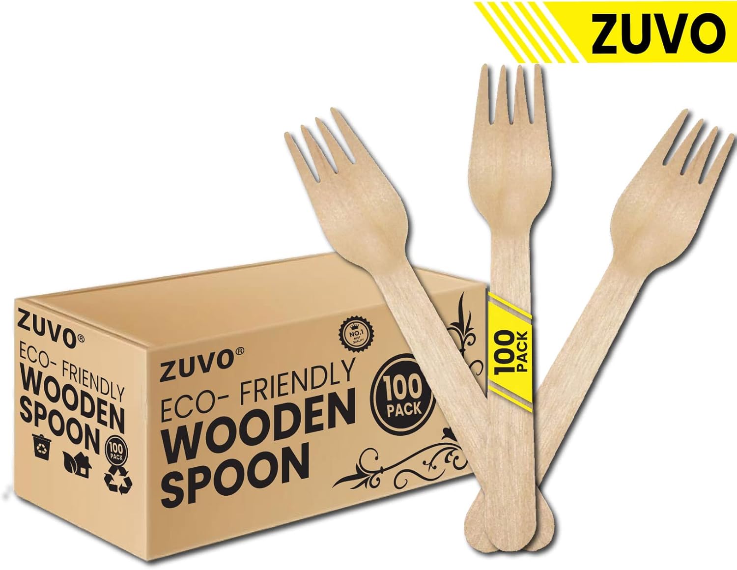 Zuvo Disposable Wooden Forks 100-Pack Eco-Friendly Birch