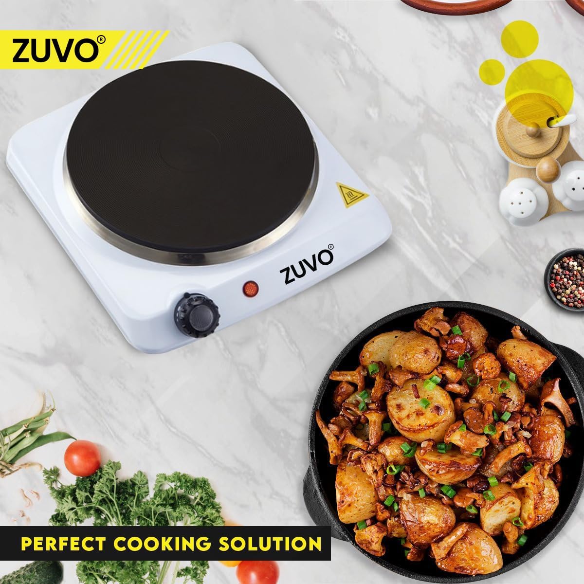 Zuvo 1500W Single Hot Plate Portable White Cast Iron Hob with Thermostat
