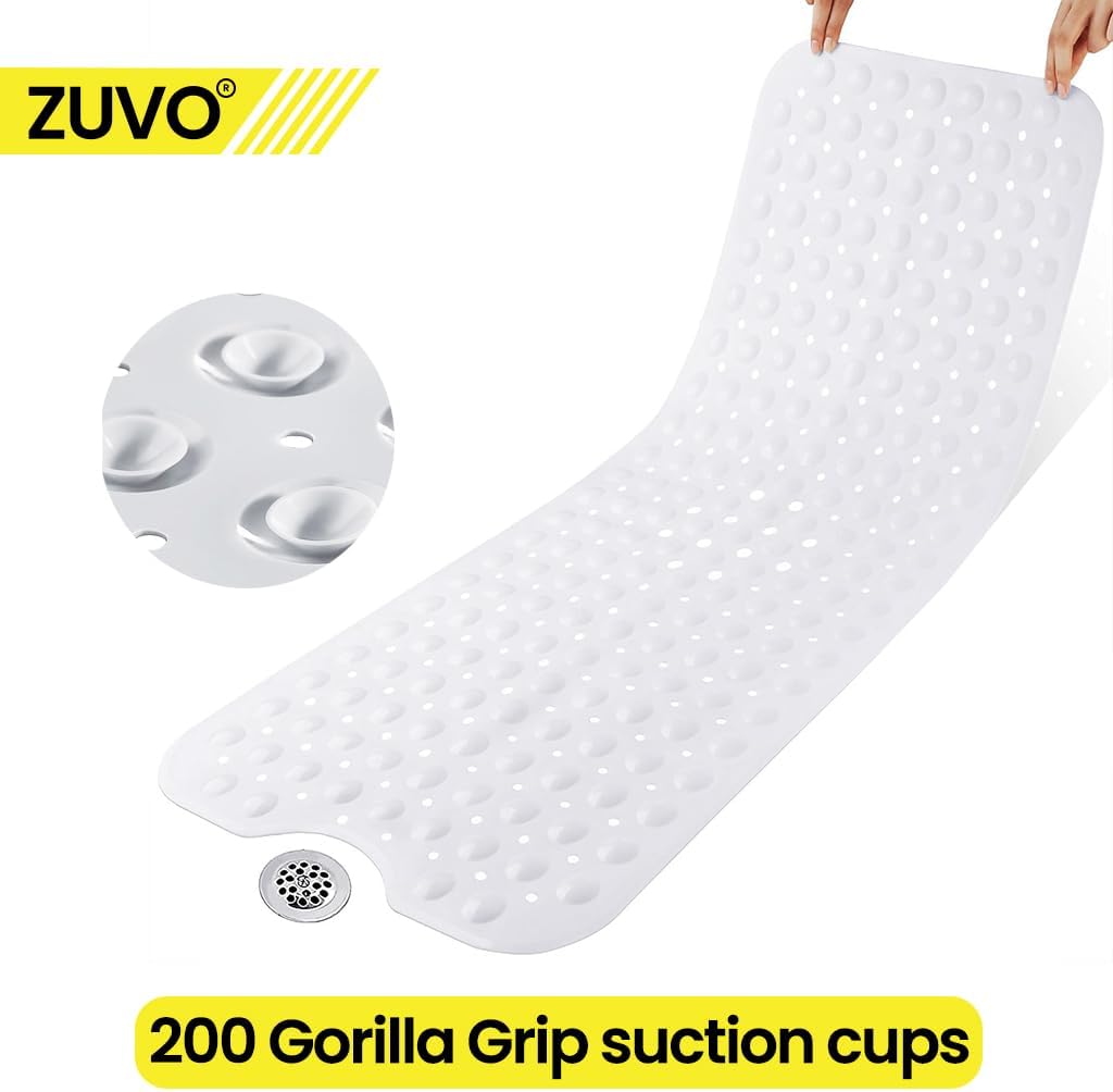 Zuvo Extra Long Non-Slip Bath Mat 100x40cm, Solid White