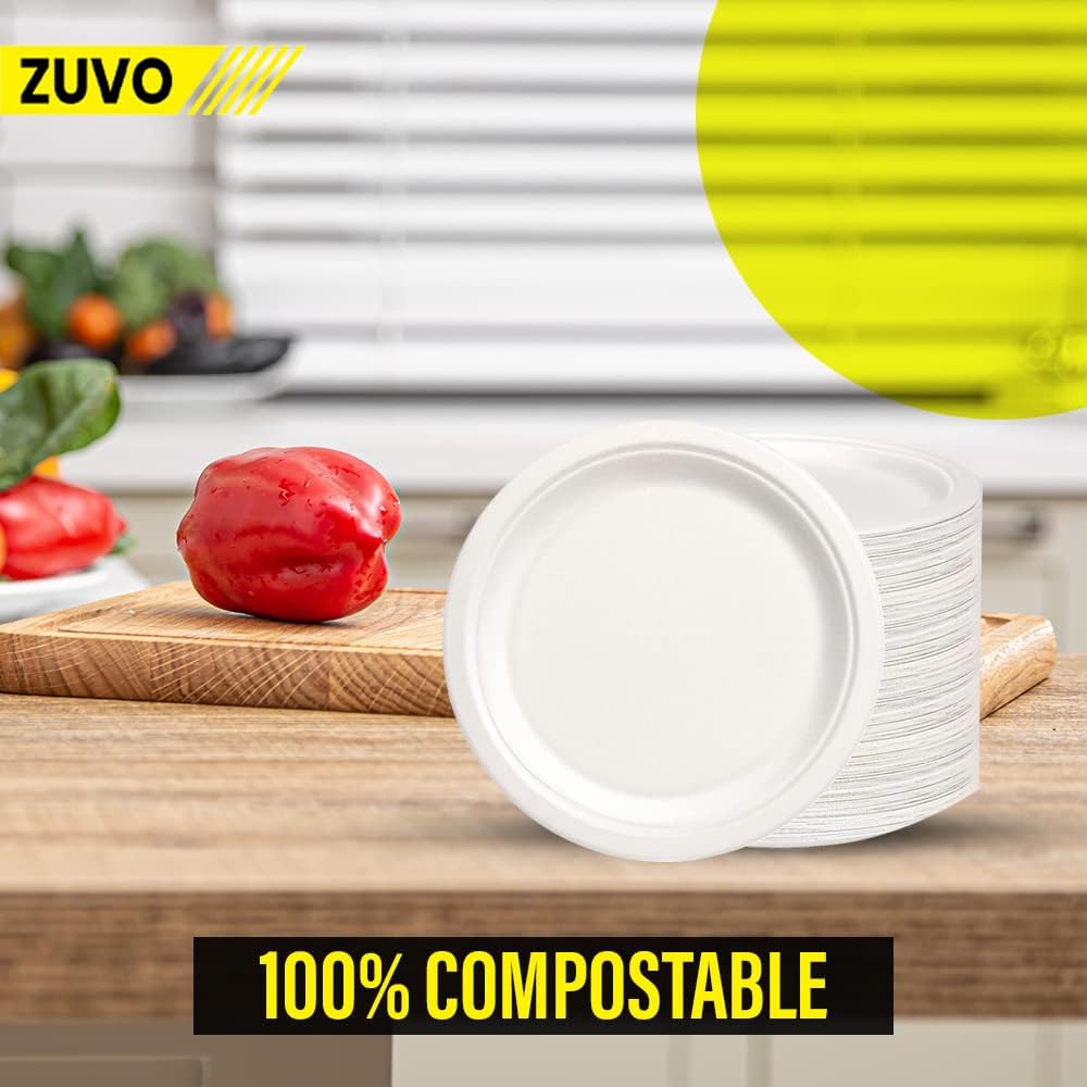 Zuvo 10" Compostable Paper Plates 50-Pack Eco-Friendly, White
