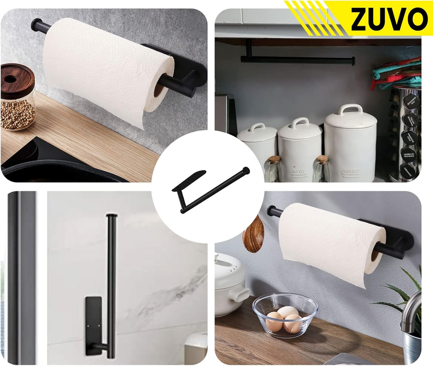 Paper Towel Holder Under Cabinet - (Black) Adhesive Paper Towel Holders with Stainless Steel - Stick or Screw Towel Holders for Kitchen Cabinet, Bathroom, Wall Mount