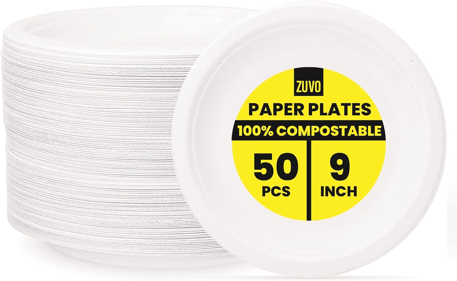 Zuvo 9" Compostable Paper Plates 50-Pack Eco-Friendly, White