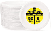 Zuvo 9" Compostable Paper Plates 50-Pack Eco-Friendly, White
