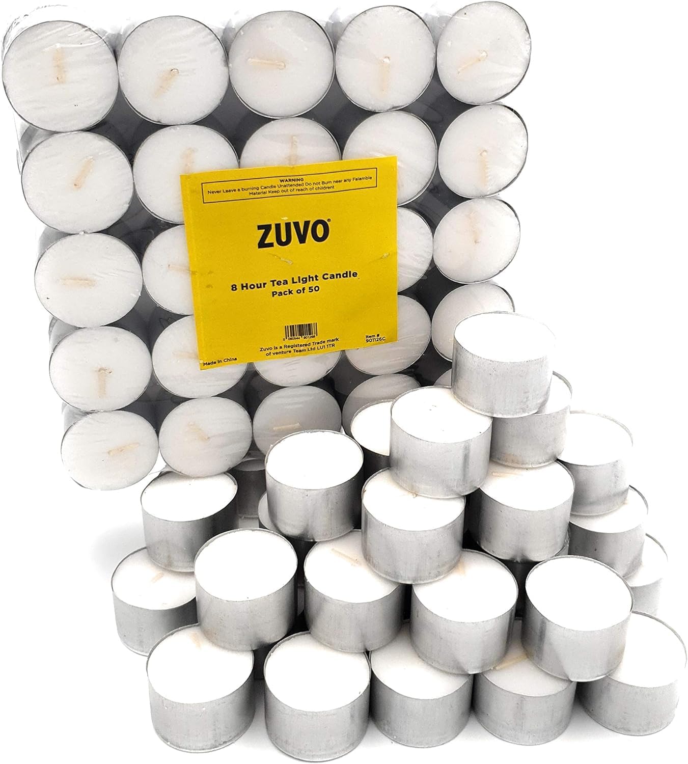 Zuvo Tea Light Candles 8 Hour Burn 50 Pack Unscented Long Lasting White