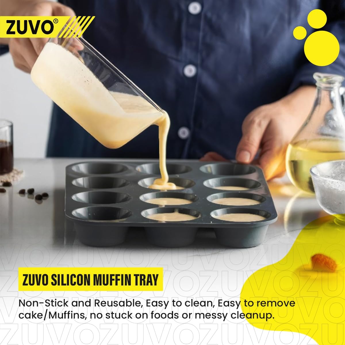 Zuvo Silicon Muffin Tray 12 Cups - Non Stick Black Baking Mold for Cupcakes and Brownies (23x31cm) - Perfect Baking Tray