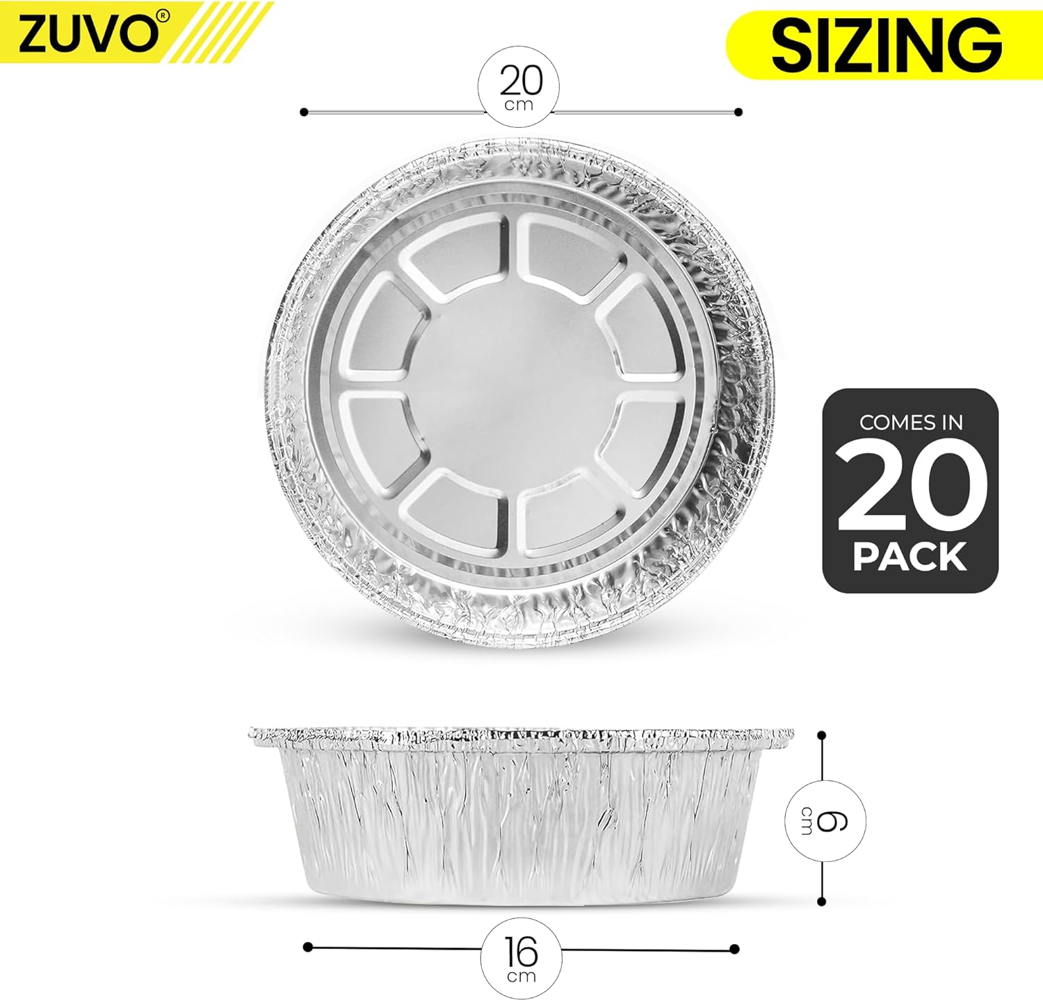 Zuvo Round Aluminium Containers 20 Pack Foil Flan Cases with Paper Lids