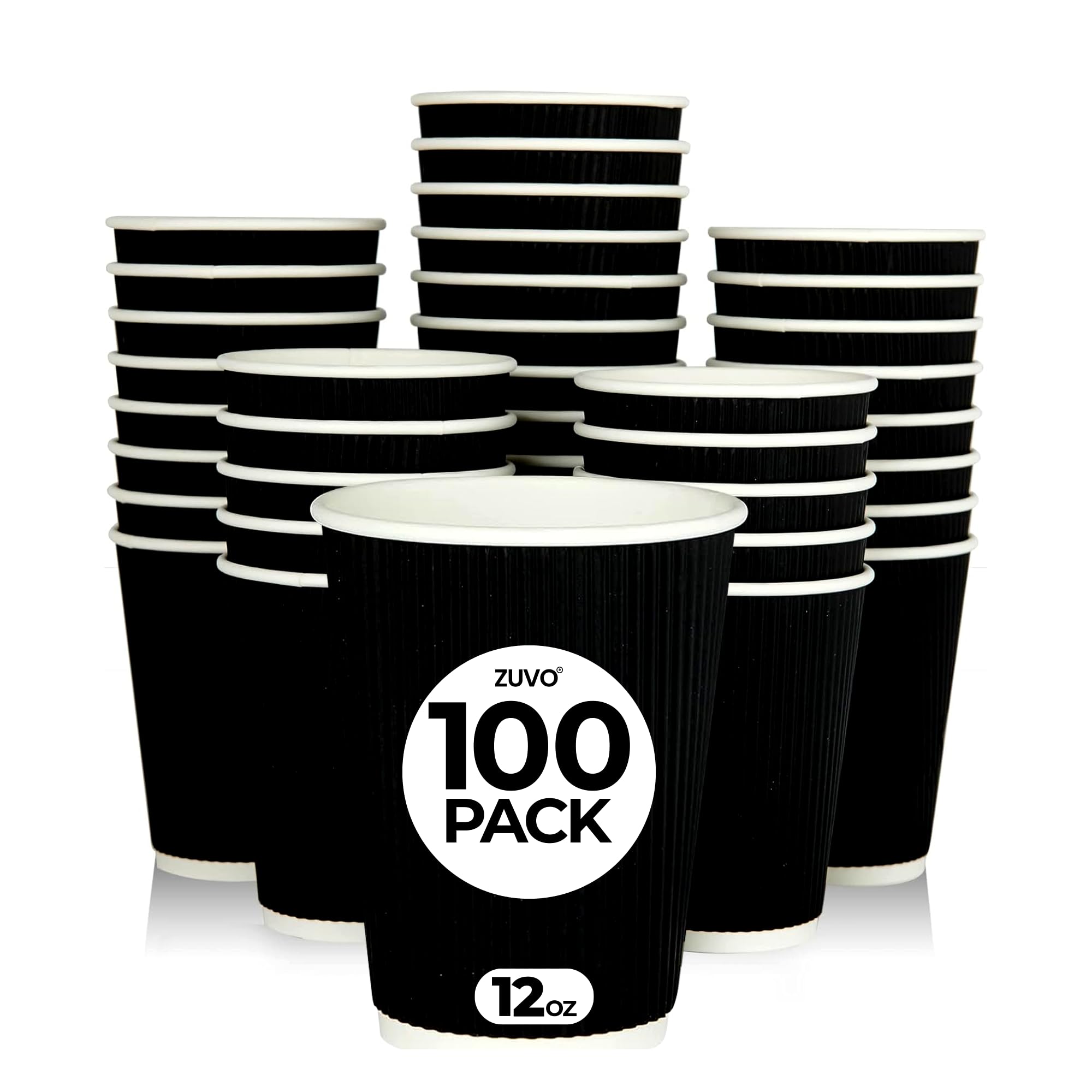 Zuvo Coffee Cups 16 OZ - NO Lids - 100 Disposable Brown Ripple Coffee Cups - Ideal for Takeaways