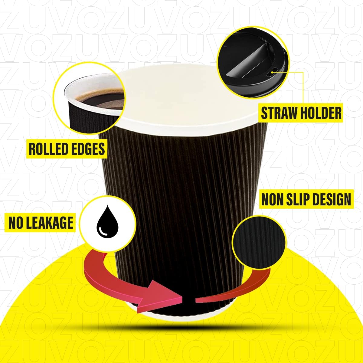 Zuvo 50 Pack 12oz Black Triple Wall Ripple Coffee Cups with Lids