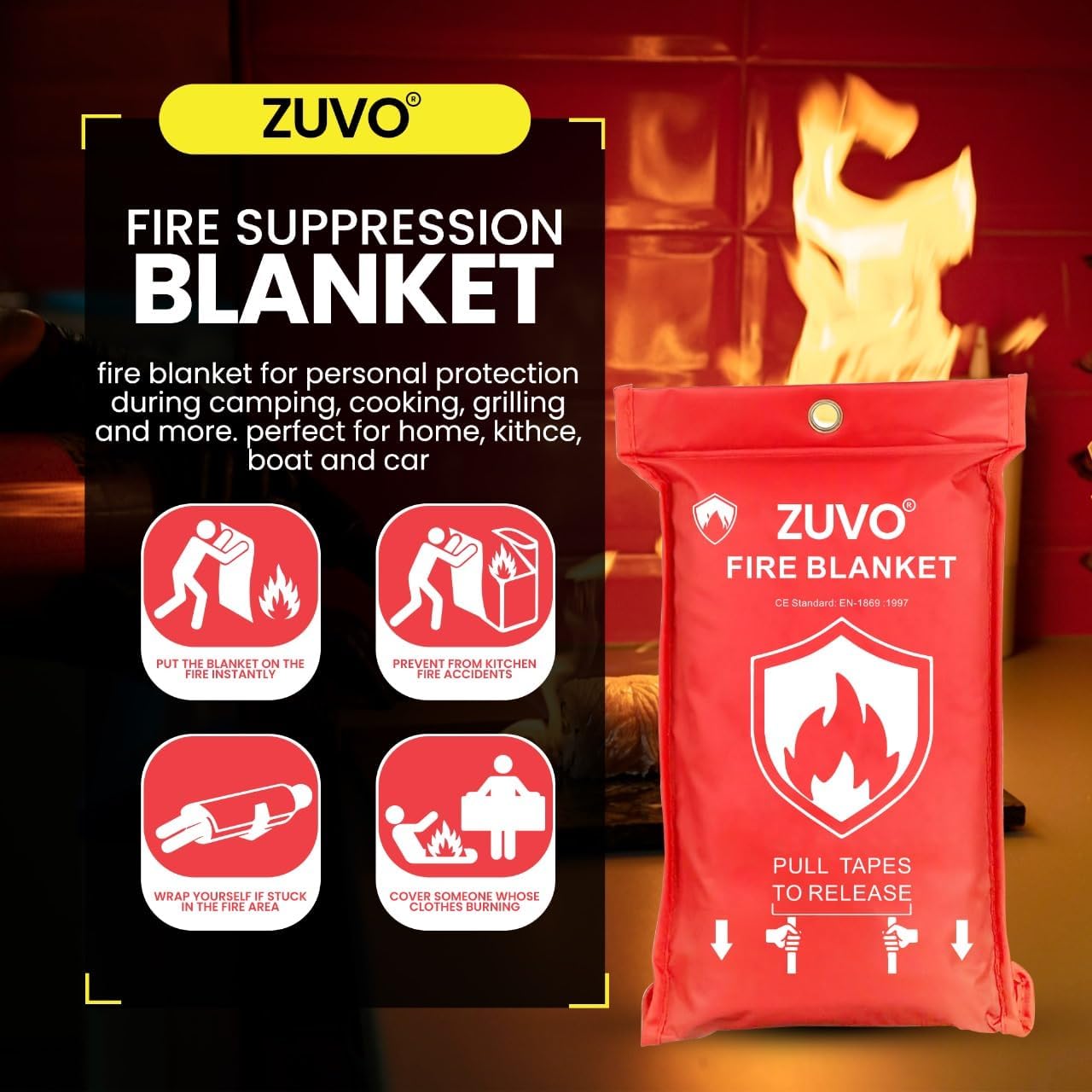 Zuvo Fire Blanket Certified Compact Emergency Safety for Home Kitchen
