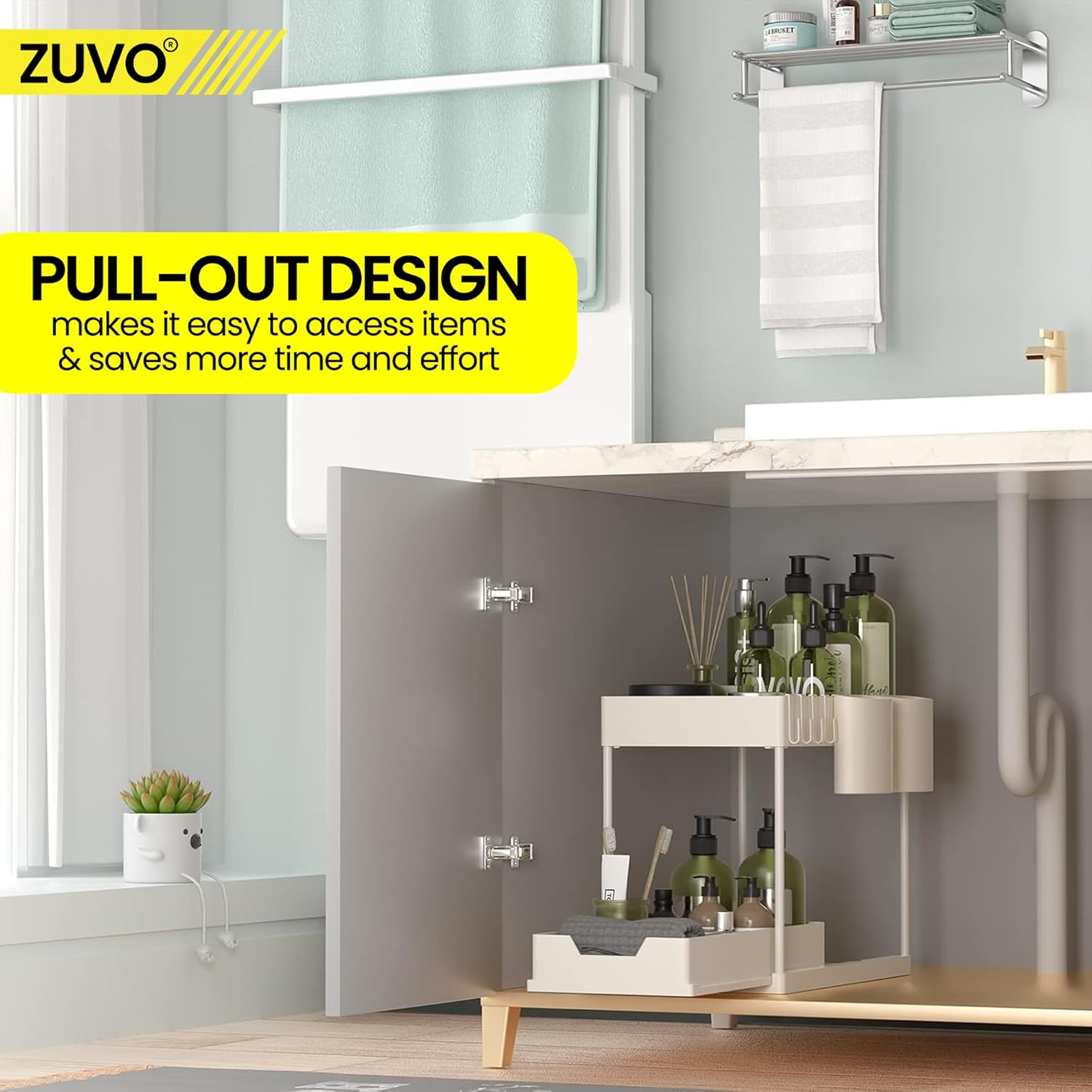 Zuvo Under Sink Storage Rack Heavy Duty White Organiser for Kitchen