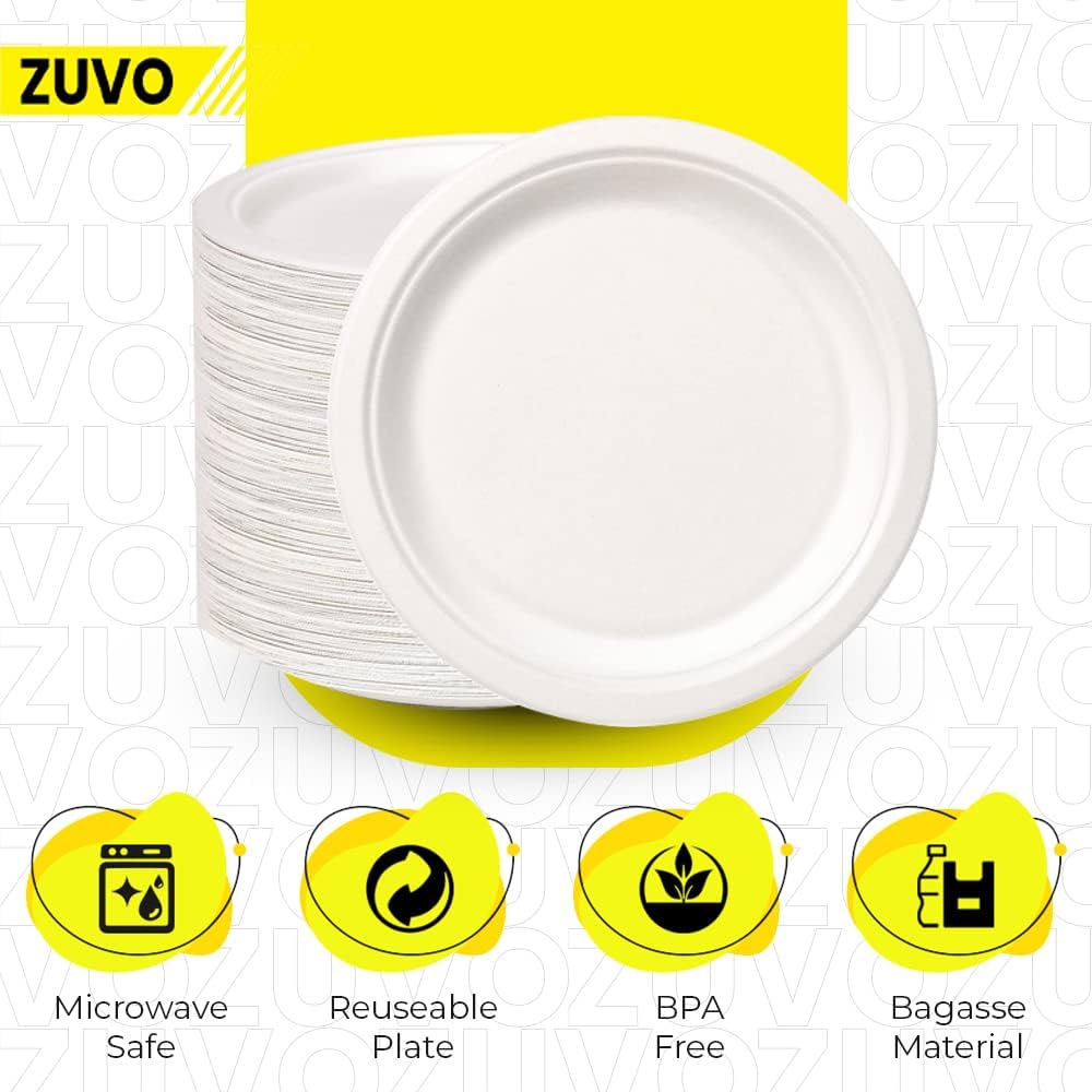 Zuvo 9" Compostable Paper Plates 50-Pack Eco-Friendly, White