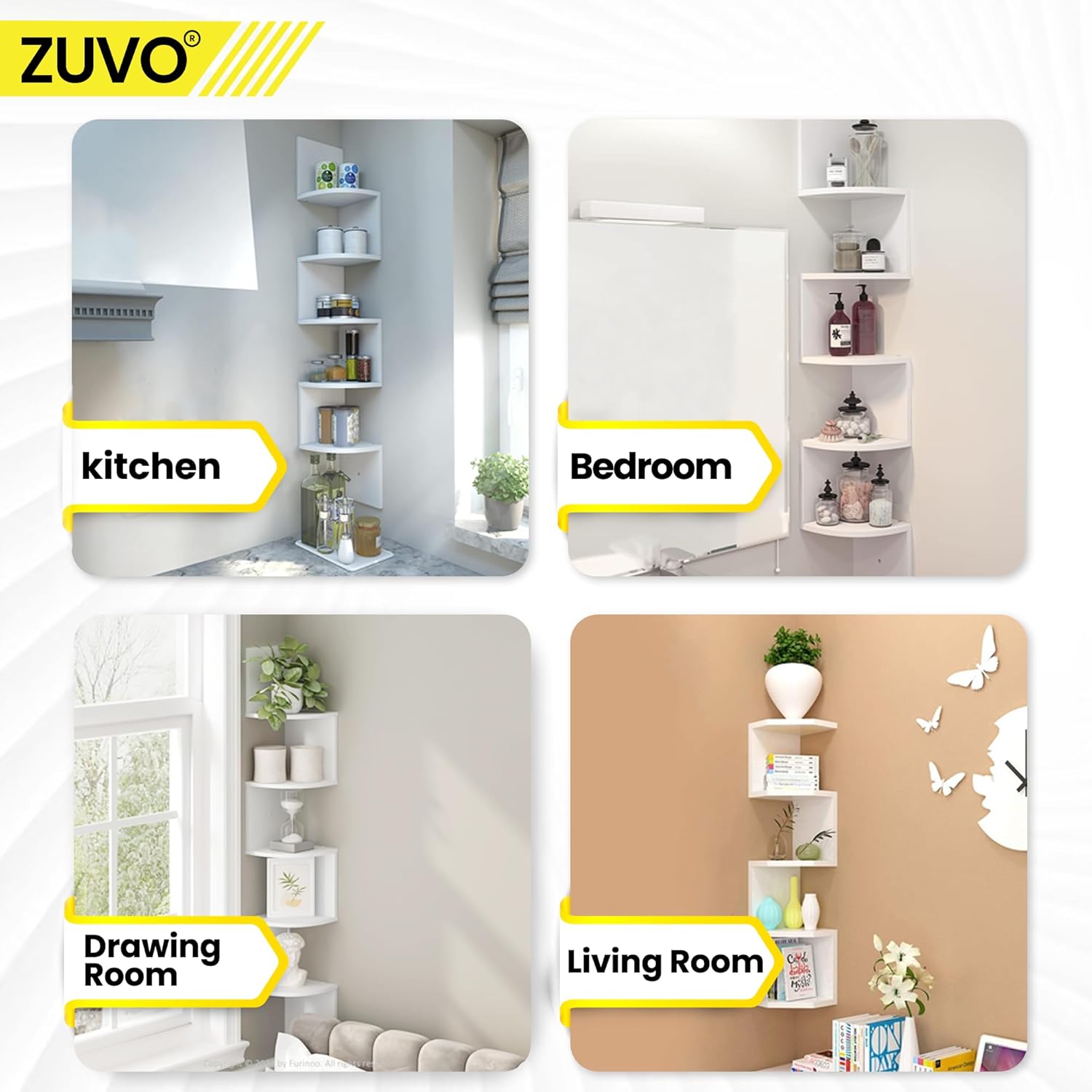 Zuvo Floating Corner Shelves 5 Tier White Zigzag Wall Mounted Bookshelf