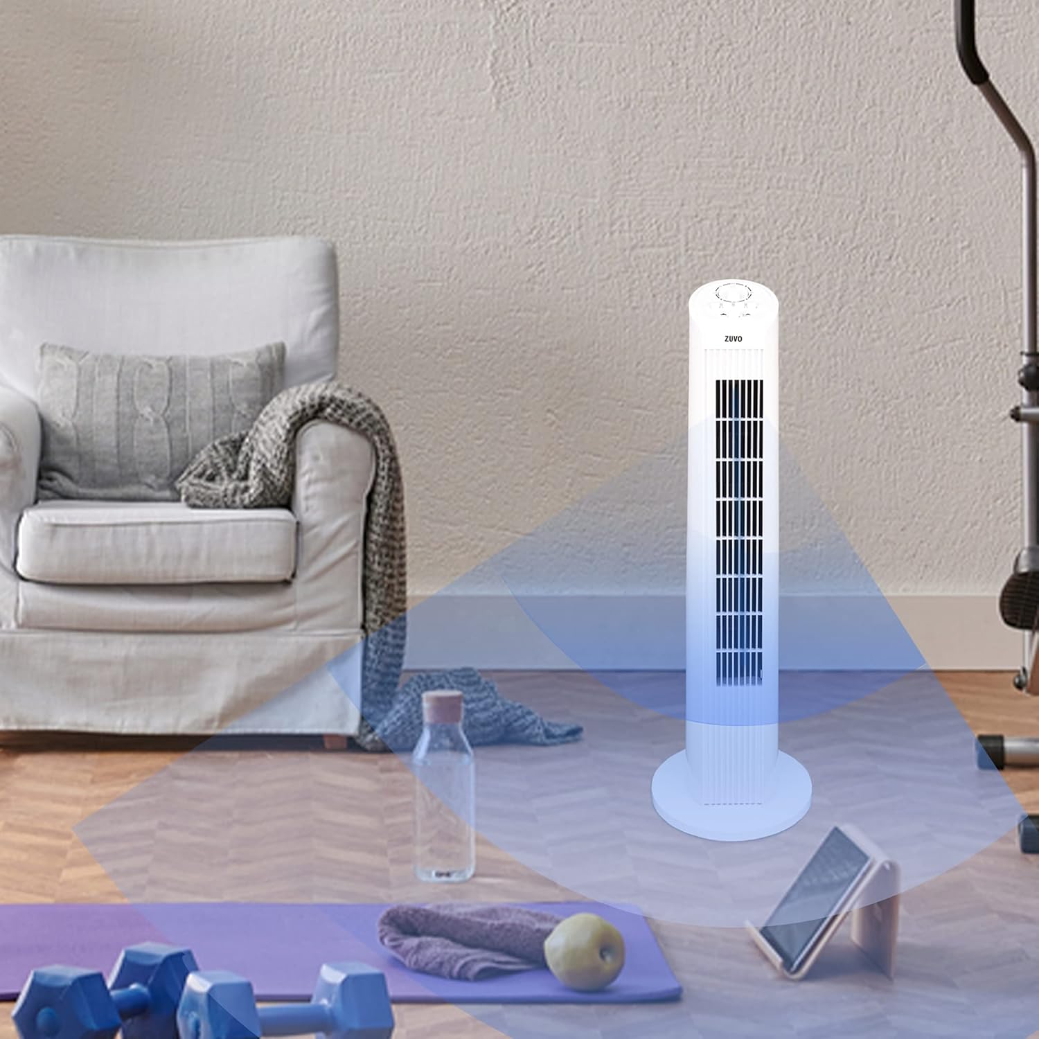 Zuvo 30in Oscillating Tower Fan 3 Speed with Timer Quiet White