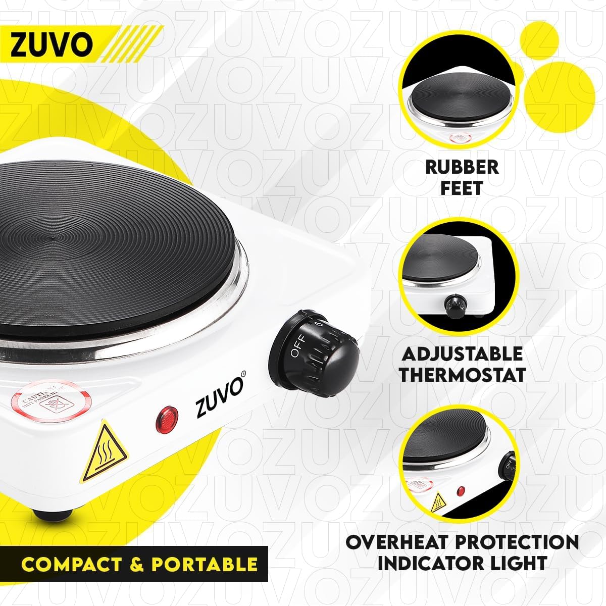 Zuvo 1500W Single Hot Plate Portable White Cast Iron Hob with Thermostat
