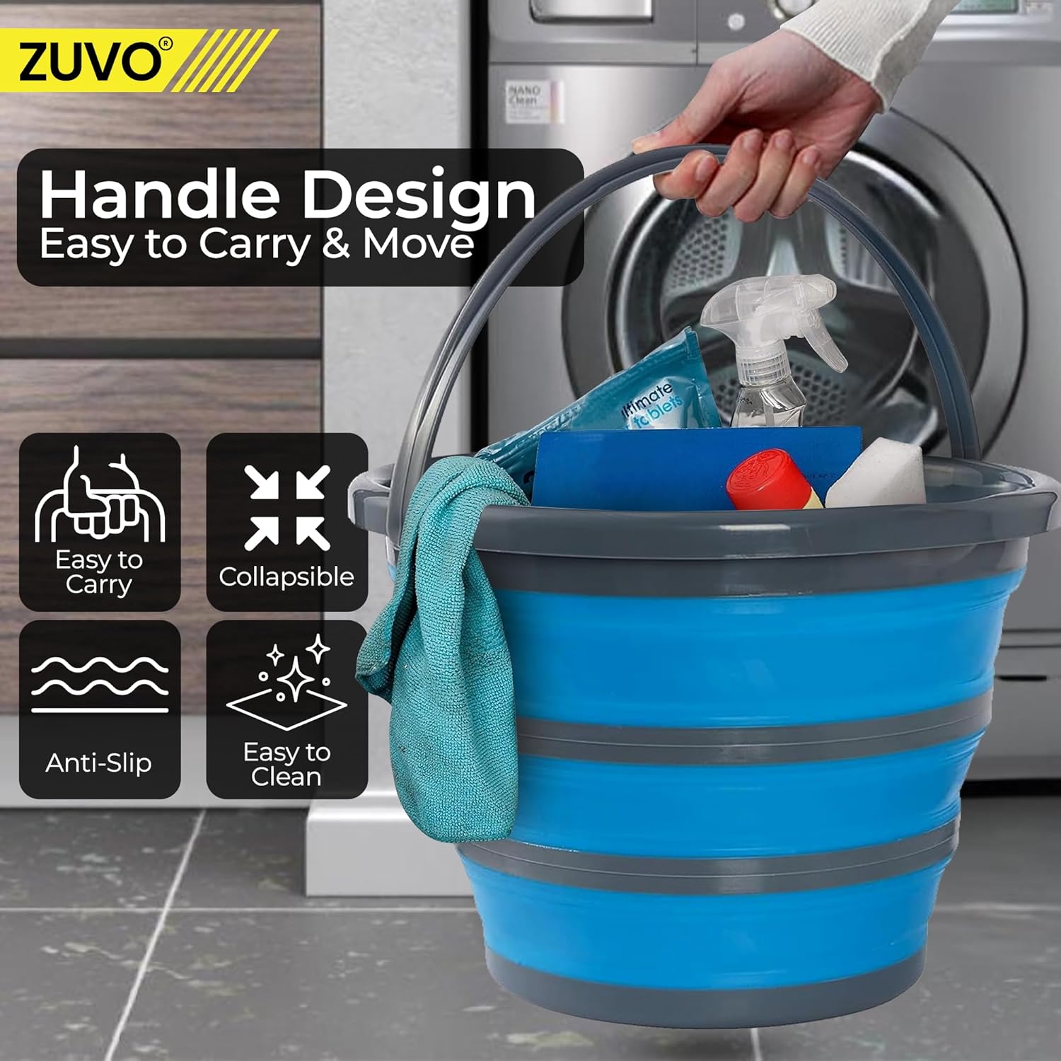 Zuvo Collapsible Bucket 10L Silicone Folding Mop Bucket Blue Grey