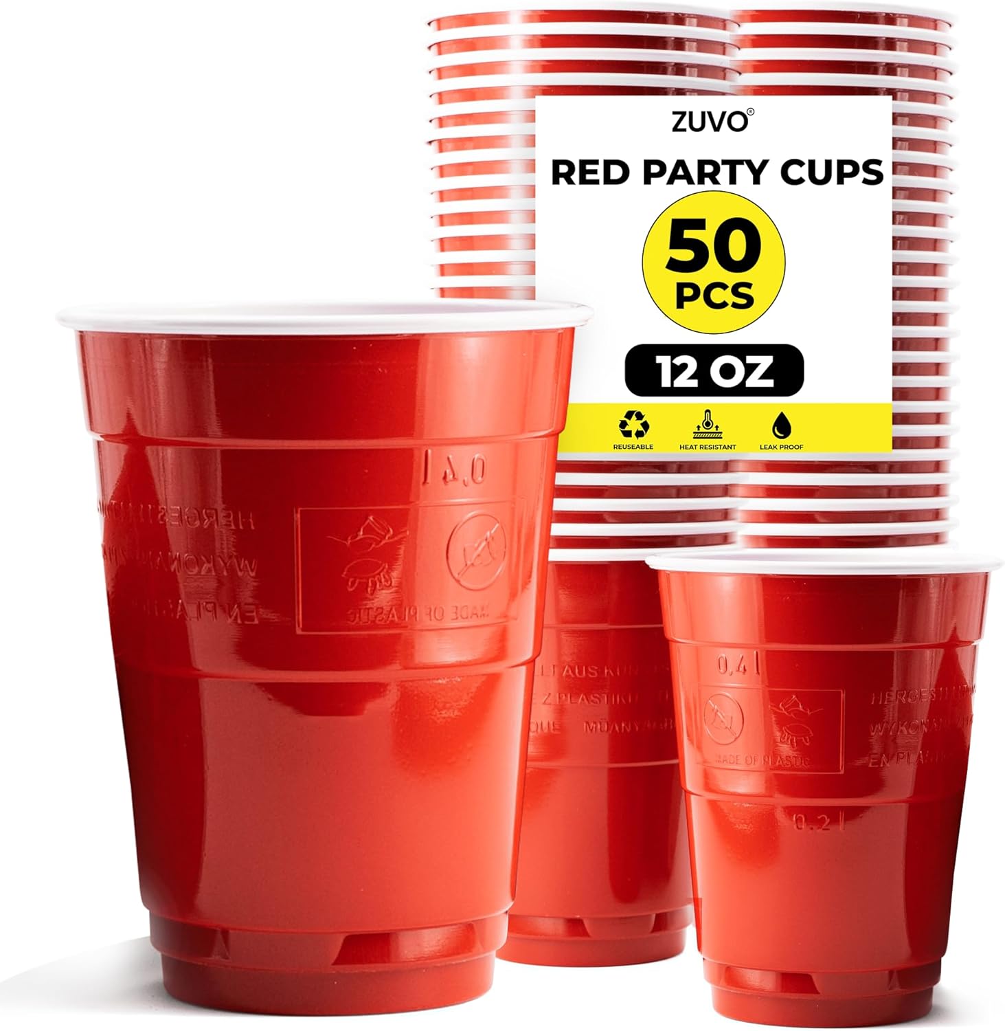 Zuvo Red Plastic Party Cups 12oz 50 Pack Durable Disposable Cups for Beer Pong and Party Events