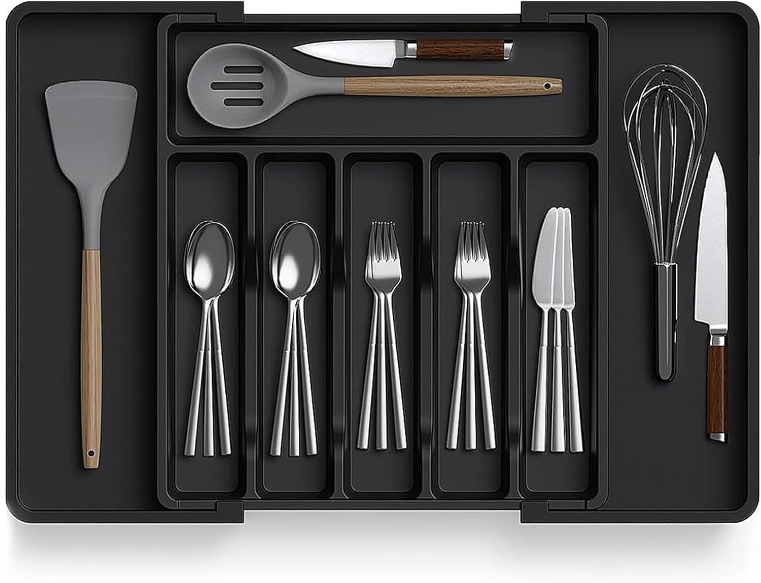 Zuvo Expandable Large Plastic Cutlery Drawer Organiser - Black Cutlery Tray for Kitchen Utensils Set - Perfect for Plastic Storage Drawers, Large Cutlery Drawer Organiser