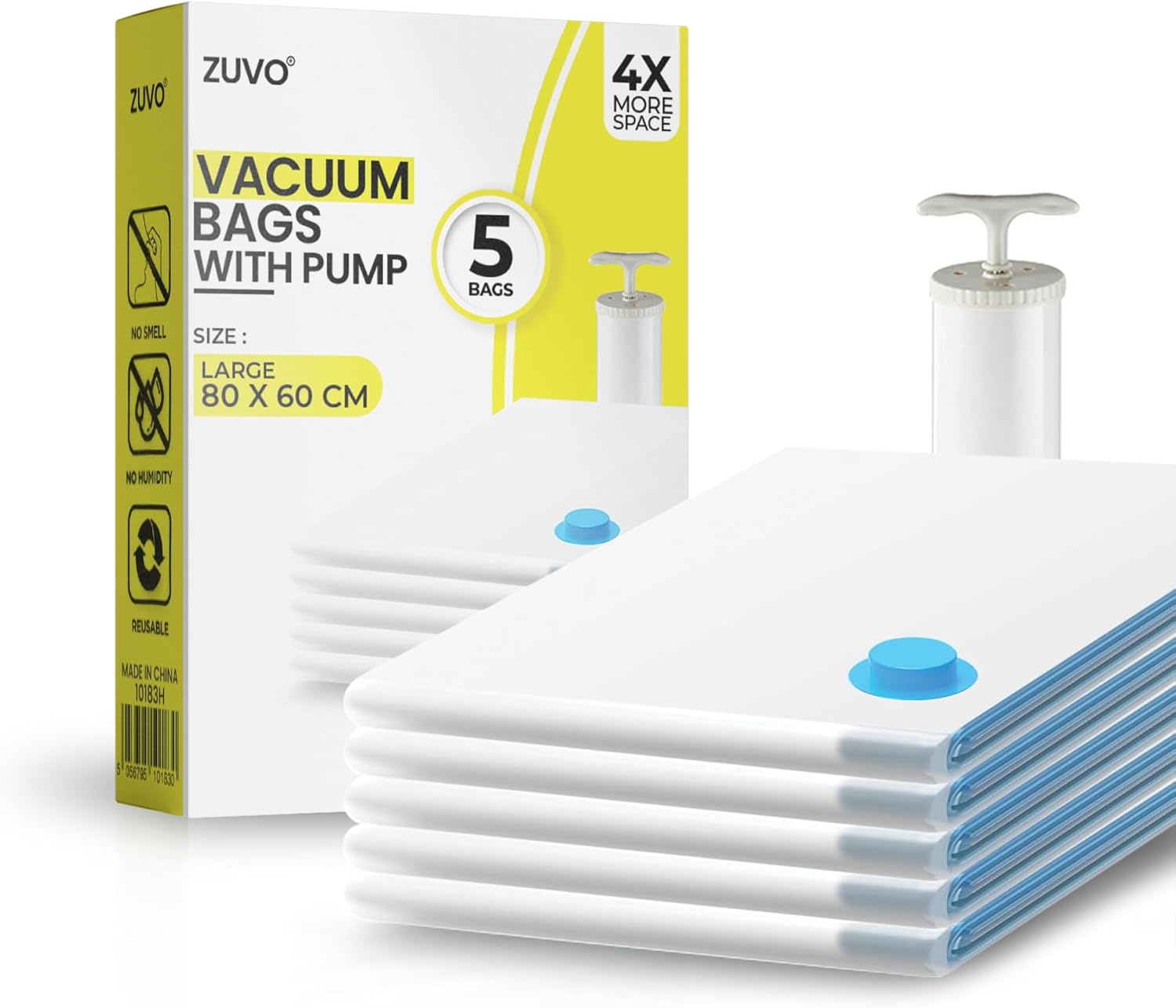 Zuvo Large Vacuum Storage Bags 5 Pack with Pump Reusable Airtight Saver