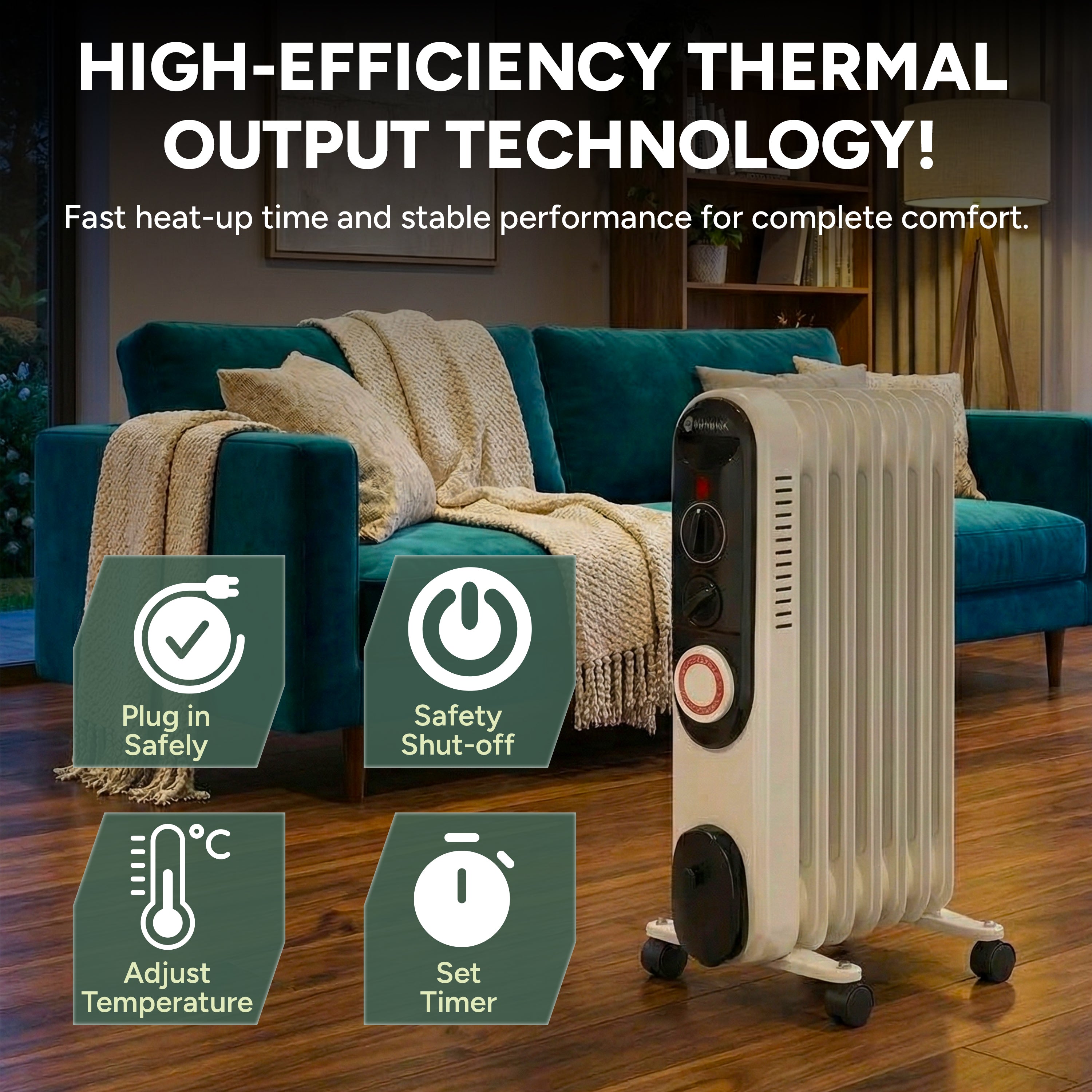 Zuvo 2500W Oil Filled Radiator Portable Heater with 11 Fins and Timer