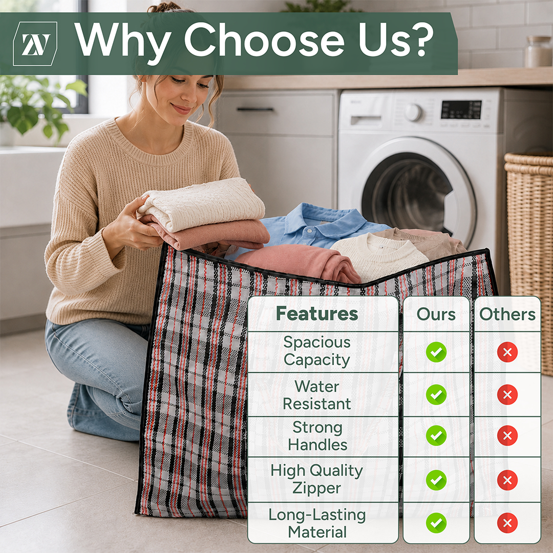 Zuvo Large Laundry Bags with Zip 5 Pack Waterproof Reusable Storage 60x50x25