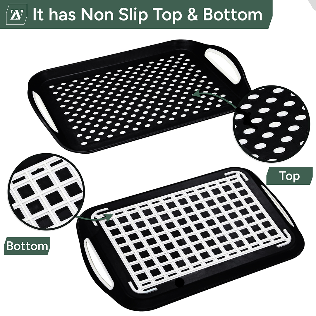 Zuvo Anti-Slip Serving Tray Set of 2 – BPA Free Plastic with Handles Black